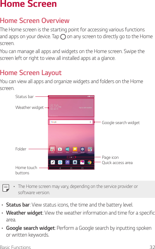 Basic Functions 32Home ScreenHome Screen OverviewThe Home screen is the starting point for accessing various functions and apps on your device. Tap   on any screen to directly go to the Home screen.You can manage all apps and widgets on the Home screen. Swipe the screen left or right to view all installed apps at a glance.Home Screen LayoutYou can view all apps and organize widgets and folders on the Home screen.FolderStatus barWeather widgetGoogle search widgetPage iconHome touch buttonsQuick access areaŢ The Home screen may vary, depending on the service provider or software version.Ţ Status bar: View status icons, the time and the battery level.Ţ Weather widget: View the weather information and time for a specific area.Ţ Google search widget: Perform a Google search by inputting spoken or written keywords.
