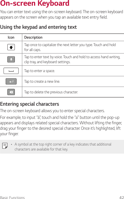 Basic Functions 42On-screen KeyboardYou can enter text using the on-screen keyboard. The on-screen keyboard appears on the screen when you tap an available text entry field.Using the keypad and entering textIcon DescriptionTap once to capitalize the next letter you type. Touch and hold for all caps.Tap to enter text by voice. Touch and hold to access hand writing, clip tray, and keyboard settings.Tap to enter a space.Tap to create a new line.Tap to delete the previous character.Entering special charactersThe on-screen keyboard allows you to enter special characters.For example, to input “á”, touch and hold the “a” button until the pop-up appears and displays related special characters. Without lifting the finger, drag your finger to the desired special character. Once it’s highlighted, lift your finger.Ţ A symbol at the top right corner of a key indicates that additional characters are available for that key.