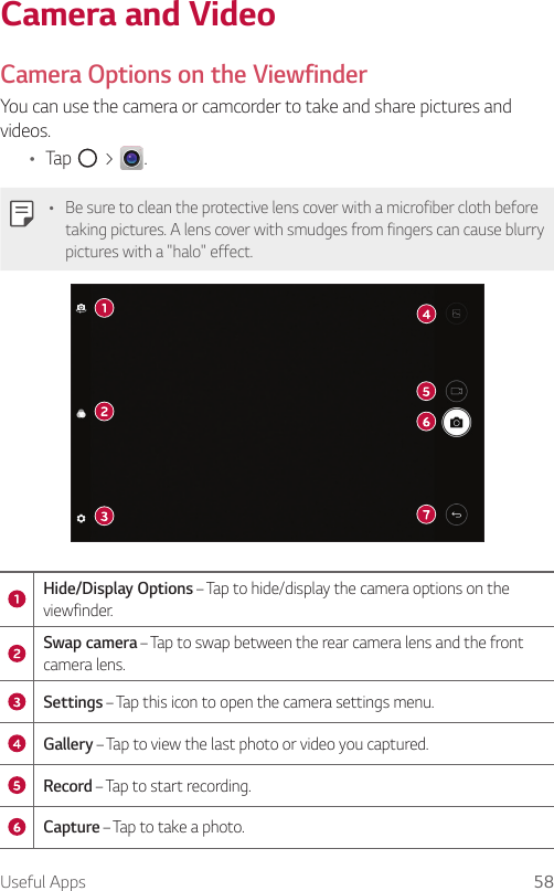 Useful Apps 58Camera and VideoCamera Options on the ViewfinderYou can use the camera or camcorder to take and share pictures and videos.Ţ Tap   &gt;  .Ţ Be sure to clean the protective lens cover with a microfiber cloth before taking pictures. A lens cover with smudges from fingers can cause blurry pictures with a &quot;halo&quot; effect.Hide/Display Options – Tap to hide/display the camera options on the viewfinder.Swap camera – Tap to swap between the rear camera lens and the front camera lens.Settings – Tap this icon to open the camera settings menu.Gallery – Tap to view the last photo or video you captured.Record – Tap to start recording.Capture – Tap to take a photo.