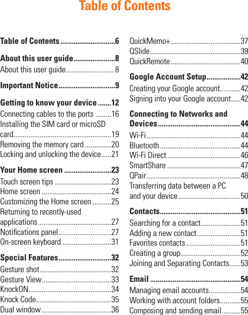 Table of ContentsTable of Contents .............................6About this user guide ......................8Aboutthisuserguide..........................8Important Notice ..............................9Getting to know your device .......12Connectingcablestotheports........16InstallingtheSIMcardormicroSDcard....................................................19Removingthememorycard..............20Lockingandunlockingthedevice.....21Your Home screen .........................23Touchscreentips..............................23Homescreen.....................................24CustomizingtheHomescreen..........25Returningtorecently-usedapplications.......................................27Noticationspanel............................27On-screenkeyboard..........................31Special Features ............................32Gestureshot......................................32GestureView.....................................33KnockON............................................34KnockCode........................................35Dualwindow.....................................36QuickMemo+.....................................37QSlide................................................39QuickRemote.....................................40Google Account Setup ..................42CreatingyourGoogleaccount...........42SigningintoyourGoogleaccount.....42Connecting to Networks and Devices ............................................44Wi-Fi..................................................44Bluetooth...........................................44Wi-FiDirect.......................................46SmartShare.......................................47QPair..................................................48TransferringdatabetweenaPCandyourdevice.................................50Contacts...........................................51Searchingforacontact.....................51Addinganewcontact.......................51Favoritescontacts.............................51Creatingagroup................................52JoiningandSeparatingContacts......53Email ................................................54Managingemailaccounts.................54Workingwithaccountfolders...........55Composingandsendingemail..........55