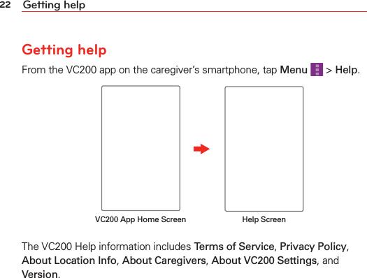 22 Getting helpGetting helpFrom the VC200 app on the caregiver’s smartphone, tap Menu   &gt; Help.VC200 App Home Screen Help ScreenThe VC200 Help information includes Terms of Service, Privacy Policy, About Location Info, About Caregivers, About VC200 Settings, and Version.