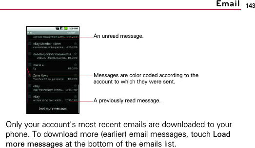 143Only your account&apos;s most recent emails are downloaded to yourphone. To download more (earlier) email messages, touch Loadmore messages at the bottom of the emails list.EmailAn unread message.A previously read message.Messages are color coded according to theaccount to which they were sent.