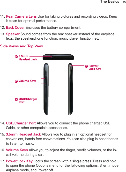 15The Basics11.  Rear Camera Lens Use for taking pictures and recording videos. Keep it clean for optimal performance.12. Back Cover Encloses the battery compartment.13.  Speaker Sound comes from the rear speaker instead of the earpiece (e.g., the speakerphone function, music player function, etc.).14.  USB/Charger Port Allows you to connect the phone charger, USB Cable, or other compatible accessories.15.  3.5mm Headset Jack Allows you to plug in an optional headset for convenient, hands-free conversations. You can also plug in headphones to listen to music.16.  Volume Keys Allow you to adjust the ringer, media volumes, or the in-call volume during a call.17.  Power/Lock Key Locks the screen with a single press. Press and hold to open the phone Options menu for the following options: Silent mode, Airplane mode, and Power off.Side Views and Top ViewUSB/Charger PortVolume Keys3.5mm Headset JackPower/ Lock Key