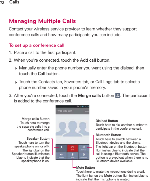 72 CallsManaging Multiple CallsContact your wireless service provider to learn whether they support conference calls and how many participants you can include.To set up a conference call1. Place a call to the ﬁrst participant.2. When you’re connected, touch the Add call button.  Manually enter the phone number you want using the dialpad, then touch the Call button.  Touch the Contacts tab, Favorites tab, or Call Logs tab to select a phone number saved in your phone&apos;s memory.3. After you’re connected, touch the Merge calls button  . The participant is added to the conference call.Dialpad ButtonTouch here to dial another number to participate in the conference call.Merge calls ButtonTouch here to merge the separate calls into a conference call.Bluetooth ButtonTouch here to switch between a Bluetooth device and the phone. The light bar on the Bluetooth button illuminates blue to indicate that the call is using a Bluetooth device. The button is greyed out when there is no Bluetooth device available.Speaker ButtonTouch here to turn the speakerphone on (or off). The light bar on the Speaker button illuminates blue to indicate that the speakerphone is on.Mute ButtonTouch here to mute the microphone during a call. The light bar on the Mute button illuminates blue to indicate that the microphone is muted.