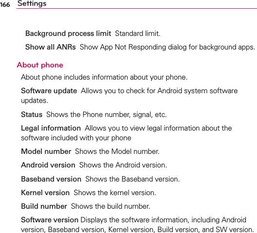 166 Settings  Background process limit  Standard limit.   Show all ANRs  Show App Not Responding dialog for background apps.About phoneAbout phone includes information about your phone.Software update  Allows you to check for Android system software updates.Status  Shows the Phone number, signal, etc.Legal information  Allows you to view legal information about the software included with your phoneModel number  Shows the Model number.Android version  Shows the Android version.Baseband version  Shows the Baseband version.Kernel version  Shows the kernel version. Build number  Shows the build number.Software version Displays the software information, including Android version, Baseband version, Kernel version, Build version, and SW version.