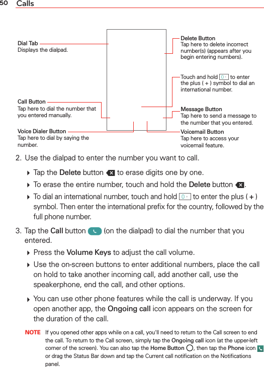 50 CallsTouch and hold   to enter the plus ( + ) symbol to dial an international number.Delete Button Tap here to delete incorrect number(s) (appears after you begin entering numbers).Call Button Tap here to dial the number that you entered manually.Dial Tab Displays the dialpad.Voice Dialer Button Tap here to dial by saying the number.Message Button Tap here to send a message to the number that you entered.Voicemail Button Tap here to access your voicemail feature.2.  Use the dialpad to enter the number you want to call.  Tap the Delete button   to erase digits one by one.  To erase the entire number, touch and hold the Delete button  .  To dial an international number, touch and hold   to enter the plus ( + ) symbol. Then enter the international preﬁx for the country, followed by the full phone number.3. Tap the Call button   (on the dialpad) to dial the number that you entered.  Press the Volume Keys to adjust the call volume.  Use the on-screen buttons to enter additional numbers, place the call on hold to take another incoming call, add another call, use the speakerphone, end the call, and other options.  You can use other phone features while the call is underway. If you open another app, the Ongoing call icon appears on the screen for the duration of the call.   NOTE  If you opened other apps while on a call, you&apos;ll need to return to the Call screen to end the call. To return to the Call screen, simply tap the Ongoing call icon (at the upper-left corner of the screen). You can also tap the Home Button , then tap the Phone icon   or drag the Status Bar down and tap the Current call notiﬁcation on the Notiﬁcations panel.