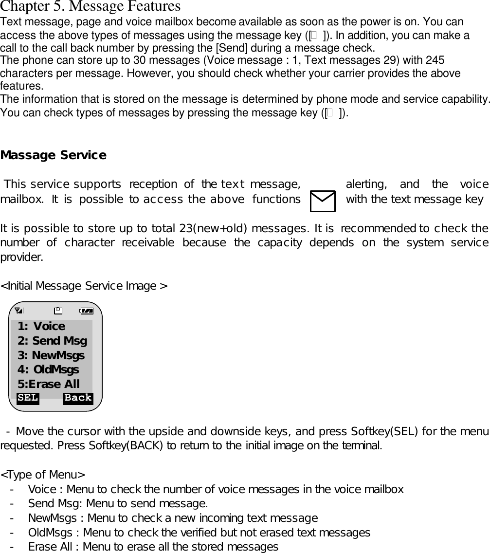 Chapter 5. Message Features Text message, page and voice mailbox become available as soon as the power is on. You can access the above types of messages using the message key ([?]). In addition, you can make a call to the call back number by pressing the [Send] during a message check. The phone can store up to 30 messages (Voice message : 1, Text messages 29) with 245 characters per message. However, you should check whether your carrier provides the above features. The information that is stored on the message is determined by phone mode and service capability. You can check types of messages by pressing the message key ([?]).   Massage Service    This service supports reception of the text message,  alerting, and the voice mailbox. It is  possible to access the above functions  with the text message key      It is possible to store up to total 23(new+old) messages. It is recommended to check the number of  character receivable because the capacity depends on the system service provider.   &lt;Initial Message Service Image &gt;           - Move the cursor with the upside and downside keys, and press Softkey(SEL) for the menu requested. Press Softkey(BACK) to return to the initial image on the terminal.  &lt;Type of Menu&gt; - Voice : Menu to check the number of voice messages in the voice mailbox - Send Msg: Menu to send message.  - NewMsgs : Menu to check a new incoming text message   - OldMsgs : Menu to check the verified but not erased text messages  - Erase All : Menu to erase all the stored messages          SEL Back D1: Voice 2: Send Msg 3: NewMsgs 4: OldMsgs  5:Erase All 