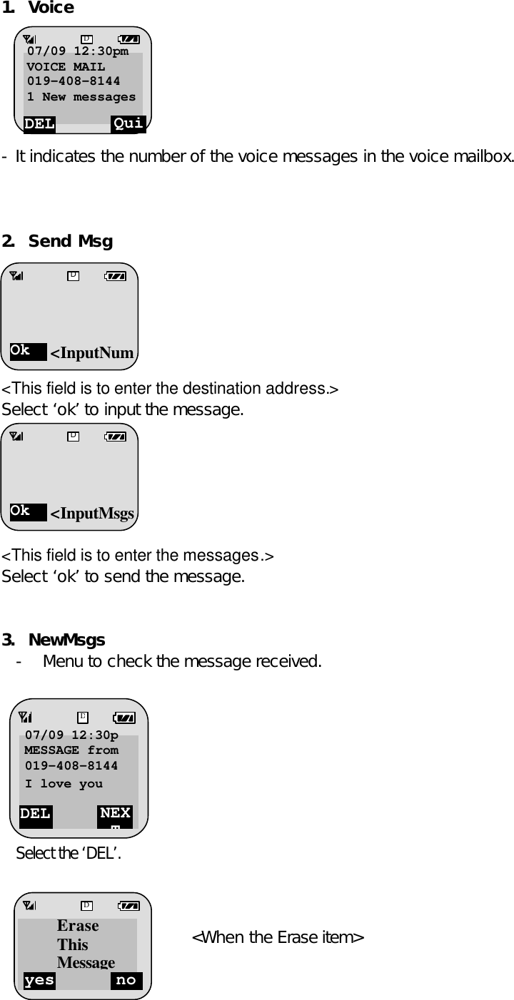 1. Voice         - It indicates the number of the voice messages in the voice mailbox.    2. Send Msg       &lt;This field is to enter the destination address.&gt; Select ‘ok’ to input the message.       &lt;This field is to enter the messages.&gt; Select ‘ok’ to send the message.   3. NewMsgs - Menu to check the message received.            Select the ‘DEL’.     &lt;When the Erase item&gt;  DEL NEXT D07/09 12:30p MESSAGE from 019-408-8144 I love you  yes no DErase This MessageDEL Quit D07/09 12:30pm VOICE MAIL 019-408-8144 1 New messages Message  Ok D&lt;InputNumOk D&lt;InputMsgs
