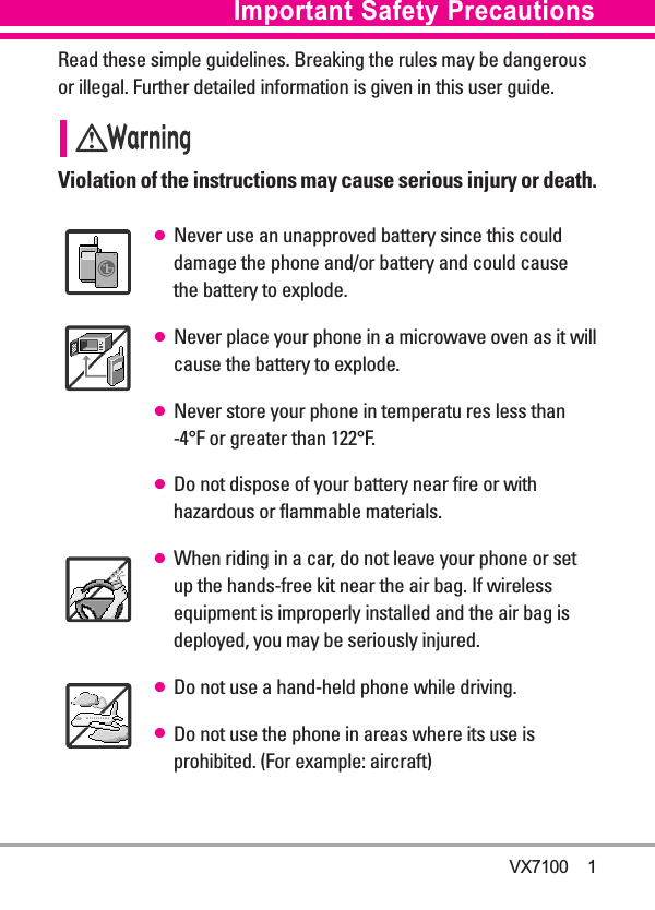 Read these simple guidelines. Breaking the rules may be dangerousor illegal. Further detailed information is given in this user guide.Violation of the instructions may cause serious injury or death.●Never use an unapproved battery since this coulddamage the phone and/or battery and could causethe battery to explode.●Never place your phone in a microwave oven as it willcause the battery to explode.●Never store your phone in temperatu res less than -4°F or greater than 122°F. ●Do not dispose of your battery near fire or withhazardous or flammable materials.●When riding in a car,do not leave your phone or setup the hands-free kit near the air bag. If wirelessequipment is improperly installed and the air bag isdeployed, you may be seriously injured.●Do not use a hand-held phone while driving.●Do not use the phone in areas where its use isprohibited. (For example: aircraft)Important Safety Precautions VX7100    1