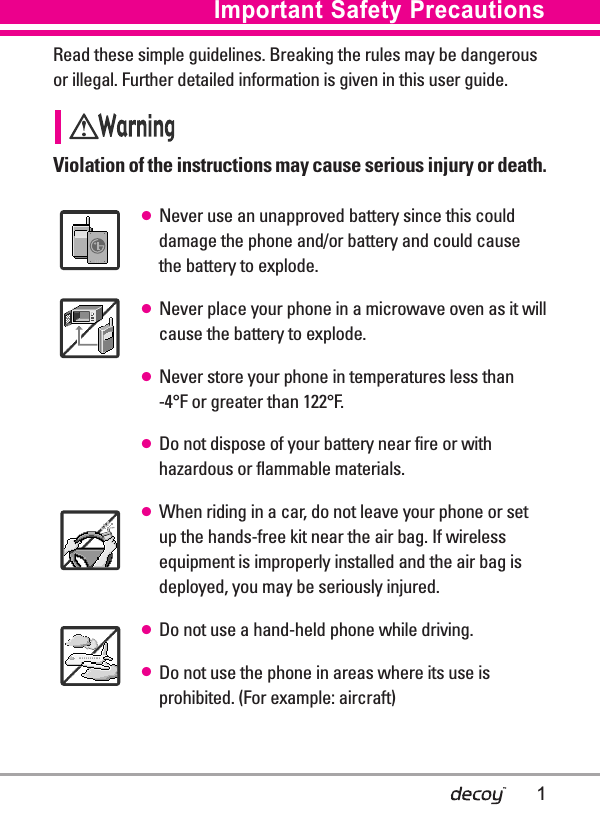 Read these simple guidelines. Breaking the rules may be dangerousor illegal. Further detailed information is given in this user guide.Violation of the instructions may cause serious injury or death.●Never use an unapproved battery since this coulddamage the phone and/or battery and could causethe battery to explode.●Never place your phone in a microwave oven as it willcause the battery to explode.●Never store your phone in temperatures less than -4°F or greater than 122°F. ●Do not dispose of your battery near fire or withhazardous or flammable materials.●When riding in a car,do not leave your phone or setup the hands-free kit near the air bag. If wirelessequipment is improperly installed and the air bag isdeployed, you may be seriously injured.●Do not use a hand-held phone while driving.●Do not use the phone in areas where its use isprohibited. (For example: aircraft)Important Safety Precautions 1