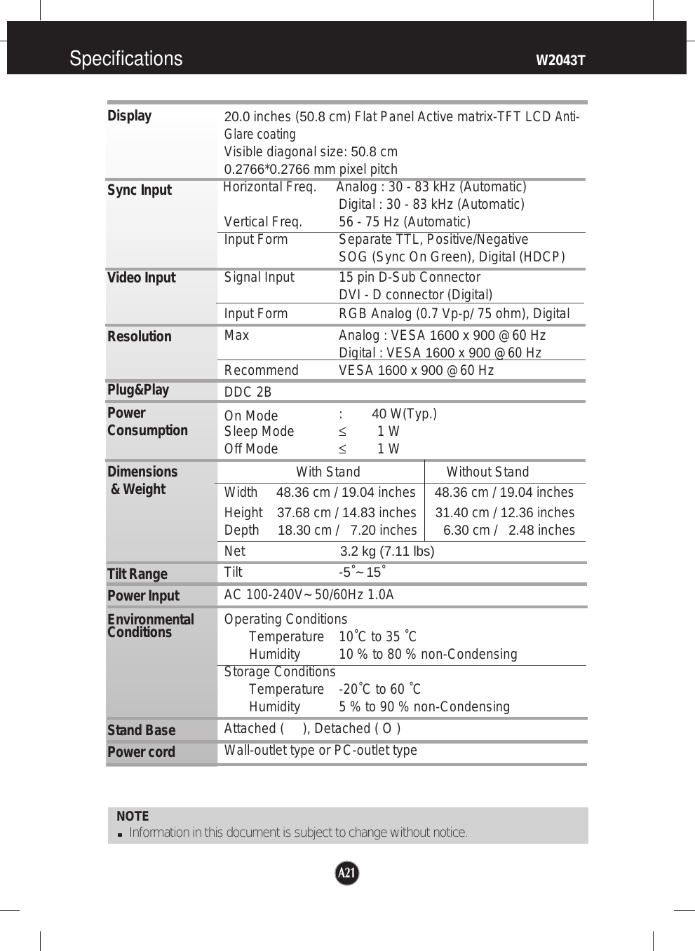 Specifications                                                                     W2043TNOTEInformation in this document is subject to change without notice.DisplaySync InputVideo InputResolutionPlug&amp;PlayPowerConsumptionDimensions&amp; WeightTilt RangePower InputEnvironmentalConditionsStand Base Power cord 20.0 inches (50.8 cm) Flat Panel Active matrix-TFT LCDAnti-Glare coatingVisible diagonal size: 50.8 cm0.2766*0.2766 mm pixel pitchHorizontal Freq. Analog : 30 - 83 kHz (Automatic)Digital : 30 - 83 kHz (Automatic)Vertical Freq. 56 - 75 Hz (Automatic)Input Form Separate TTL, Positive/NegativeSOG (Sync On Green), Digital (HDCP)Signal Input 15 pin D-Sub ConnectorDVI - D connector (Digital)Input Form RGB Analog (0.7 Vp-p/ 75 ohm), DigitalMax Analog : VESA 1600 x 900 @60 HzDigital : VESA 1600 x 900 @60 HzRecommend VESA 1600 x 900 @60 HzDDC 2B   On Mode :        40 W(Typ.)Sleep Mode ≤1 WOff Mode ≤1 WWith Stand Without StandWidth     48.36 cm / 19.04 inches     48.36 cm / 19.04 inchesHeight    37.68 cm / 14.83 inches     31.40 cm / 12.36 inches Depth     18.30 cm /   7.20 inches       6.30 cm /   2.48 inchesNet                          3.2 kg (7.11 lbs)Tilt -5˚~ 15˚AC 100-240V~ 50/60Hz 1.0A Operating ConditionsTemperature 10˚C to 35 ˚CHumidity 10 % to 80 % non-CondensingStorage ConditionsTemperature -20˚C to 60 ˚C Humidity 5 % to 90 % non-CondensingAttached (     ), Detached ( O )Wall-outlet type or PC-outlet typeA21