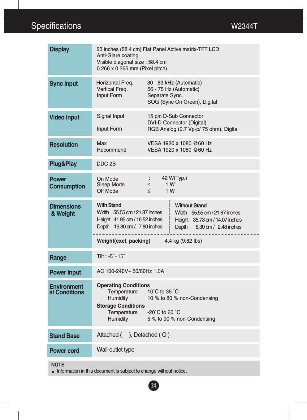 24Specifications                                                           W2344T23 inches (58.4 cm) Flat Panel Active matrix-TFT LCD Anti-Glare coating Visible diagonal size : 58.4cm0.266 x 0.266 mm (Pixel pitch)DisplayHorizontal Freq. 30 - 83 kHz (Automatic)Vertical Freq. 56 - 75 Hz (Automatic)Input Form Separate Sync.SOG (Sync On Green), DigitalSync InputSignal Input 15 pin D-Sub ConnectorDVI-D Connector (Digital)Input Form RGB Analog (0.7 Vp-p/ 75 ohm), DigitalVideo InputMax VESA 1920 x 1080 @60 HzRecommend VESA 1920 x 1080 @60 HzResolutionPlug&amp;PlayOn Mode :42 W(Typ.)Sleep Mode ≤1 WOff Mode ≤1 WPowerConsumptionOperating ConditionsTemperature 10˚C to 35 ˚CHumidity 10 % to 80 % non-CondensingStorage ConditionsTemperature -20˚C to 60 ˚CHumidity 5 % to 90 % non-CondensingEnvironmental ConditionsWith StandWidth    55.55 cm / 21.87 inches Height   41.95 cm / 16.52 inches     Depth    19.80 cm /   7.80 inchesWeight(excl. packing)  4.4 kg (9.82 lbs)Dimensions&amp; WeightTilt : -5˚~15˚RangeAC 100-240V~ 50/60Hz 1.0A Power InputAttached (     ), Detached ( O )Stand Base Wall-outlet typePower cord DDC 2BWithout StandWidth    55.55 cm / 21.87 inches Height    35.73 cm / 14.07 inches   Depth       6.30 cm /   2.48 inchesNOTEInformation in this document is subject to change without notice.