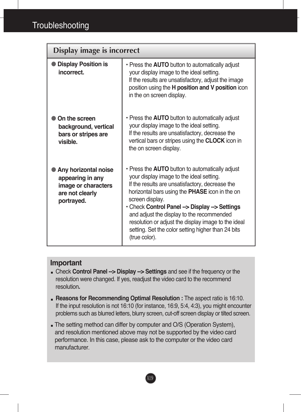 A19TroubleshootingDisplay image is incorrect●Display Position isincorrect.●On the screenbackground, verticalbars or stripes arevisible.●Any horizontal noiseappearing in anyimage or charactersare not clearlyportrayed.• Press the AUTO button to automatically adjustyour display image to the ideal setting. If the results are unsatisfactory, adjust the imageposition using the H position and V position iconin the on screen display.• Press the AUTO button to automatically adjustyour display image to the ideal setting.If the results are unsatisfactory, decrease thevertical bars or stripes using the CLOCK icon inthe on screen display.• Press the AUTO button to automatically adjustyour display image to the ideal setting.If the results are unsatisfactory, decrease the horizontal bars using the PHASE icon in the on screen display.• Check Control Panel --&gt; Display --&gt; Settingsand adjust the display to the recommendedresolution or adjust the display image to the idealsetting. Set the color setting higher than 24 bits(true color).ImportantCheck Control Panel --&gt; Display --&gt; Settings and see if the frequency or theresolution were changed. If yes, readjust the video card to the recommendresolution.Reasons for Recommending Optimal Resolution : The aspect ratio is 16:10. If the input resolution is not 16:10 (for instance, 16:9, 5:4, 4:3), you might encounterproblems such as blurred letters, blurry screen, cut-off screen display or tilted screen.The setting method can differ by computer and O/S (Operation System), and resolution mentioned above may not be supported by the video card    performance. In this case, please ask to the computer or the video card  manufacturer. 