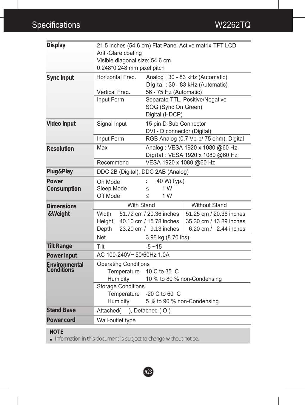 Specifications W2262TQNOTEInformation in this document is subject to change without notice.DisplaySync InputVideo InputResolutionPlug&amp;PlayPowerConsumptionDimensions&amp;WeightTilt RangePower InputEnvironmentalConditionsStand BasePower cord 21.5 inches (54.6 cm) Flat Panel Active matrix-TFT LCD Anti-Glare coatingVisible diagonal size: 54.6 cm0.248*0.248 mm pixel pitchHorizontal Freq. Analog : 30 - 83 kHz (Automatic)Digital : 30 - 83 kHz (Automatic)Vertical Freq. 56 - 75 Hz (Automatic)Input Form Separate TTL, Positive/NegativeSOG (Sync On Green) Digital (HDCP)Signal Input 15 pin D-Sub ConnectorDVI - D connector (Digital)Input Form RGB Analog (0.7 Vp-p/ 75 ohm), DigitalMax Analog : VESA 1920 x 1080 @60 HzDigital : VESA 1920 x 1080 @60 HzRecommend VESA 1920 x 1080 @60 HzDDC 2B (Digital), DDC 2AB (Analog)On Mode : 40 W(Typ.)Sleep Mode ≤1 WOff Mode ≤1 WWith Stand Without StandWidth 51.72 cm / 20.36 inches40.10 cm / 15.78 inches23.20 cm /   9.13 inches5 .25 cm / 20.36 inches35.30 cm / 13.89 inches6.20 cm /   2.44 inches1HeightDepthNet 3.95 kg (8.70 lbs)Tilt -5 ~15 AC 100-240V~ 50/60Hz 1.0A Operating ConditionsTemperature 10 C to 35  CHumidity 10 % to 80 % non-CondensingStorage ConditionsTemperature -20 C to 60  CHumidity 5 % to 90 % non-CondensingAttached(     ), Detached ( O )Wall-outlet type A23