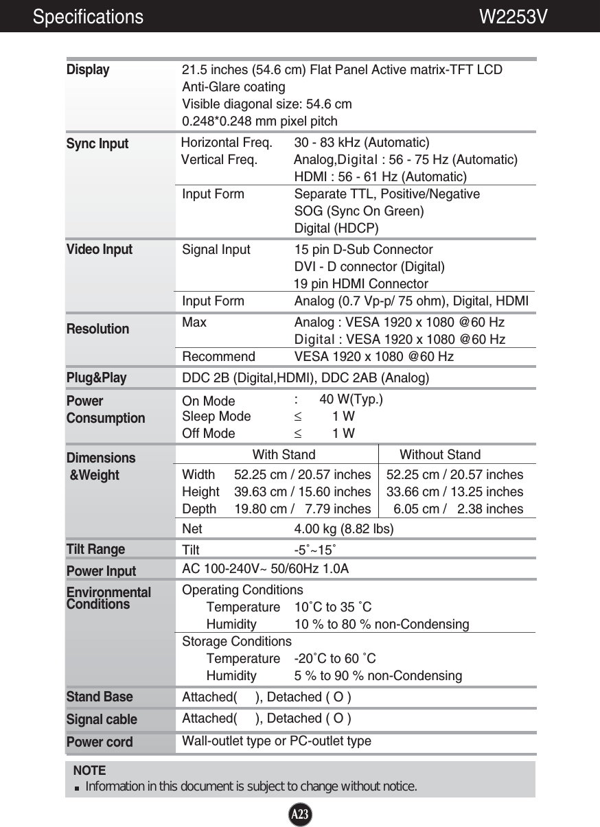 A23A23A23Specifications                                                                   W2253VNOTEInformation in this document is subject to change without notice.DisplaySync InputVideo InputResolutionPlug&amp;PlayPowerConsumptionDimensions&amp;WeightTilt RangePower InputEnvironmentalConditionsStand BaseSignal cablePower cord 21.5 inches (54.6 cm) Flat Panel Active matrix-TFT LCD Anti-Glare coatingVisible diagonal size: 54.6 cm0.248*0.248 mm pixel pitchHorizontal Freq.      30 - 83 kHz (Automatic)Vertical Freq.          Analog,Digital : 56 - 75 Hz (Automatic)HDMI : 56 - 61 Hz (Automatic)Input Form Separate TTL, Positive/NegativeSOG (Sync On Green) Digital (HDCP)Signal Input 15 pin D-Sub ConnectorDVI - D connector (Digital)19 pin HDMI ConnectorInput Form Analog (0.7 Vp-p/ 75 ohm), Digital, HDMIMax Analog : VESA 1920 x 1080 @60 HzDigital : VESA 1920 x 1080 @60 HzRecommend VESA 1920 x 1080 @60 HzDDC 2B (Digital,HDMI), DDC 2AB (Analog)On Mode : 40 W(Typ.)Sleep Mode ≤1 WOff Mode ≤1 WWith Stand Without StandWidth 52.25 cm / 20.57 inches 52.25 cm / 20.57 inchesHeight 39.63 cm / 15.60 inches 33.66 cm / 13.25 inchesDepth 19.80 cm /   7.79 inches 6.05 cm /   2.38 inchesNet 4.00 kg (8.82 lbs)Tilt -5˚~15˚AC 100-240V~ 50/60Hz 1.0A Operating ConditionsTemperature 10˚C to 35 ˚CHumidity 10 % to 80 % non-CondensingStorage ConditionsTemperature -20˚C to 60 ˚CHumidity 5 % to 90 % non-CondensingAttached(     ), Detached ( O )Attached(     ), Detached ( O )Wall-outlet type or PC-outlet type