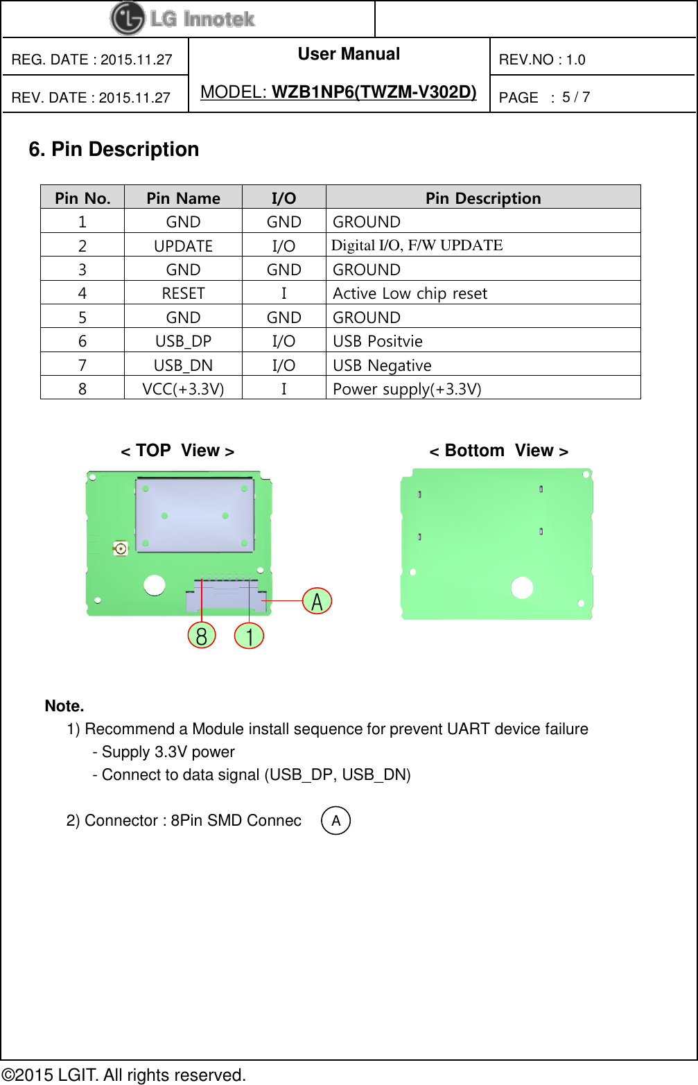User Manual PAGE   : REG. DATE : 2015.11.27 MODEL: WZB1NP6(TWZM-V302D) REV. DATE : 2015.11.27 REV.NO : 1.0 © 2015 LGIT. All rights reserved. 5 / 7 6. Pin Description A                     &lt; TOP  View &gt;                                        &lt; Bottom  View &gt;                        1 8 A Pin No. Pin Name  I/O  Pin Description 1  GND  GND  GROUND 2  UPDATE  I/O  Digital I/O, F/W UPDATE 3  GND  GND  GROUND 4  RESET  I  Active Low chip reset 5  GND  GND  GROUND 6  USB_DP  I/O  USB Positvie 7  USB_DN  I/O  USB Negative 8  VCC(+3.3V)  I  Power supply(+3.3V)  Note.       1) Recommend a Module install sequence for prevent UART device failure             - Supply 3.3V power              - Connect to data signal (USB_DP, USB_DN)        2) Connector : 8Pin SMD Connec  