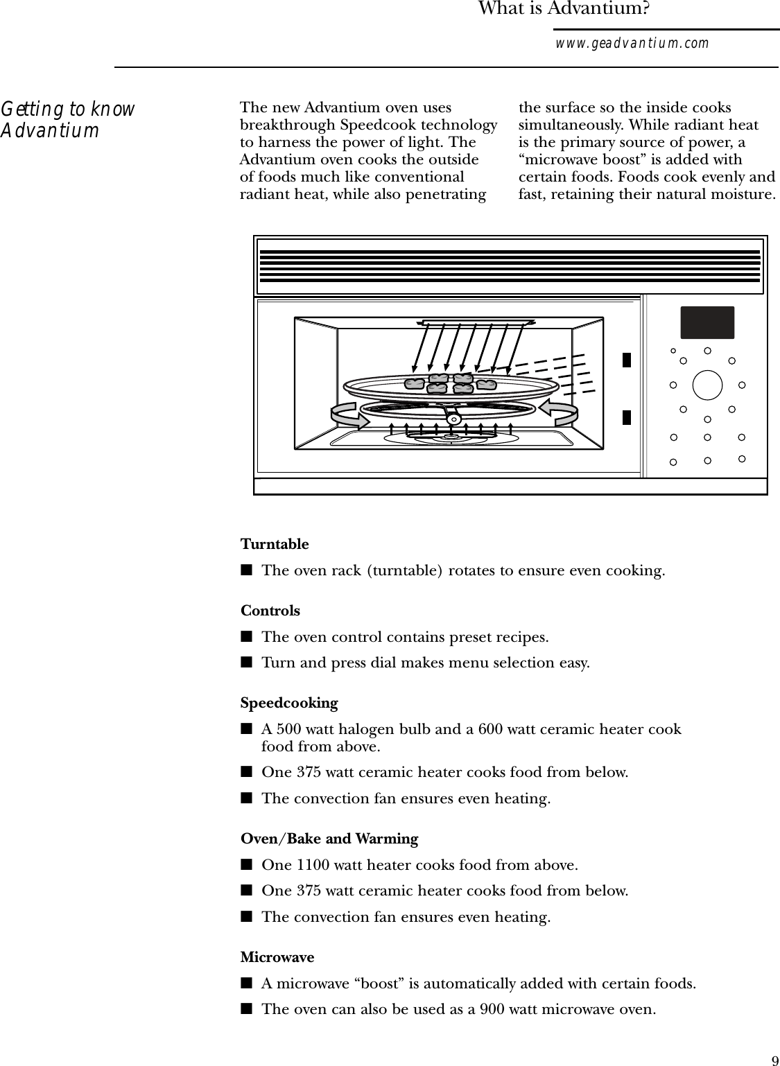 What is Advantium?www.geadvantium.comThe new Advantium oven usesbreakthrough Speedcook technologyto harness the power of light. TheAdvantium oven cooks the outside of foods much like conventionalradiant heat, while also penetratingthe surface so the inside cookssimultaneously. While radiant heatis the primary source of power, a“microwave boost” is added withcertain foods. Foods cook evenly andfast, retaining their natural moisture.Turntable■The oven rack (turntable) rotates to ensure even cooking.Controls■The oven control contains preset recipes.■Turn and press dial makes menu selection easy.Speedcooking■A 500 watt halogen bulb and a 600 watt ceramic heater cook food from above.■One 375 watt ceramic heater cooks food from below.■The convection fan ensures even heating.Oven/Bake and Warming■One 1100 watt heater cooks food from above.■One 375 watt ceramic heater cooks food from below.■The convection fan ensures even heating.Microwave■A microwave “boost” is automatically added with certain foods.■The oven can also be used as a 900 watt microwave oven.Getting to knowAdvantium9