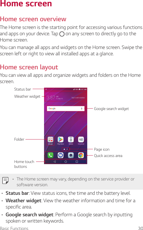Basic Functions 30Home screenHome screen overviewThe Home screen is the starting point for accessing various functions and apps on your device. Tap   on any screen to directly go to the Home screen.You can manage all apps and widgets on the Home screen. Swipe the screen left or right to view all installed apps at a glance.Home screen layoutYou can view all apps and organize widgets and folders on the Home screen.Status barWeather widgetFolderGoogle search widgetPage iconHome touch buttonsQuick access area• The Home screen may vary, depending on the service provider or software version.• Status bar: View status icons, the time and the battery level.• Weather widget: View the weather information and time for a specific area.• Google search widget: Perform a Google search by inputting spoken or written keywords.