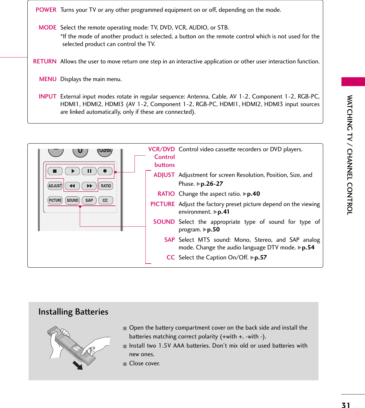 31WATCHING TV / CHANNEL CONTROLPOWER Turns your TV or any other programmed equipment on or off, depending on the mode.MODE Select the remote operating mode: TV, DVD, VCR, AUDIO, or STB.*If the mode of another product is selected, a button on the remote control which is not used for theselected product can control the TV.RETURN Allows the user to move return one step in an interactive application or other user interaction function.MENU Displays the main menu.INPUT External input modes rotate in regular sequence: Antenna, Cable, AV 1-2, Component 1-2, RGB-PC,HDMI1, HDMI2, HDMI3 (AV 1-2, Component 1-2, RGB-PC, HDMI1, HDMI2, HDMI3 input sourcesare linked automatically, only if these are connected).Installing BatteriesOpen the battery compartment cover on the back side and install thebatteries matching correct polarity (+with +, -with -).Install two 1.5V AAA batteries. Don’t mix old or used batteries withnew ones.Close cover.VCR/DVDControlbuttonsControl video cassette recorders or DVD players.ADJUST Adjustment for screen Resolution, Position, Size, andPhase. Xp.26-27RATIO Change the aspect ratio. Xp.40PICTURE Adjust the factory preset picture depend on the viewingenvironment. Xp.41SOUND Select the appropriate type of sound for type ofprogram. Xp.50SAP Select MTS sound: Mono, Stereo, and SAP analogmode. Change the audio language DTV mode. Xp.54CC Select the Caption On/Off. Xp.57