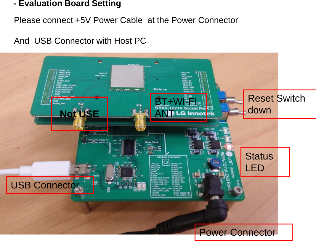 Please connect +5V Power Cable  at the Power Connector  And  USB Connector with Host PC   Power Connector USB Connector Status LED Reset Switch  down - Evaluation Board Setting BT+WI-FI ANT Not USE 