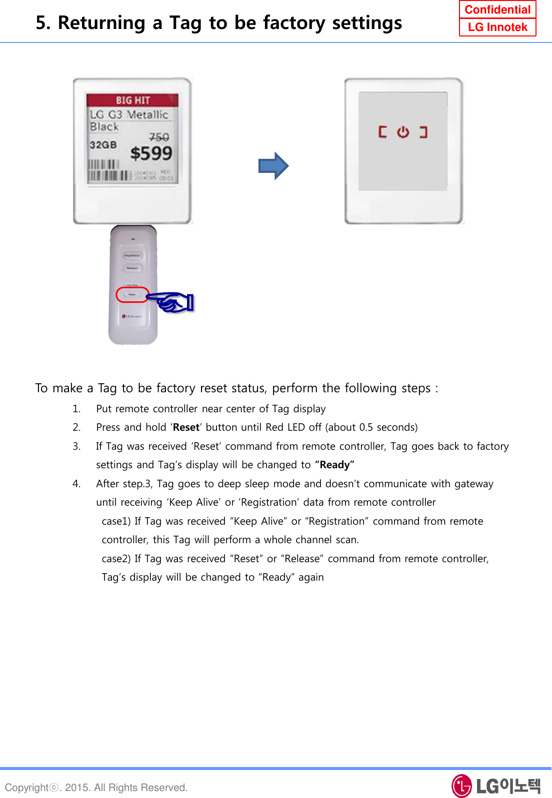 Copyrightⓒ. 2015. All Rights Reserved. Confidential LG Innotek To make a Tag to be factory reset status, perform the following steps : 1. Put remote controller near center of Tag display 2. Press and hold ‘Reset’ button until Red LED off (about 0.5 seconds) 3. If Tag was received ‘Reset’ command from remote controller, Tag goes back to factory settings and Tag’s display will be changed to “Ready” 4. After step.3, Tag goes to deep sleep mode and doesn’t communicate with gateway until receiving ‘Keep Alive’ or ‘Registration’ data from remote controller         case1) If Tag was received “Keep Alive” or “Registration” command from remote          controller, this Tag will perform a whole channel scan.         case2) If Tag was received “Reset” or “Release” command from remote controller,            Tag’s display will be changed to “Ready” again   ☜ 5. Returning a Tag to be factory settings 