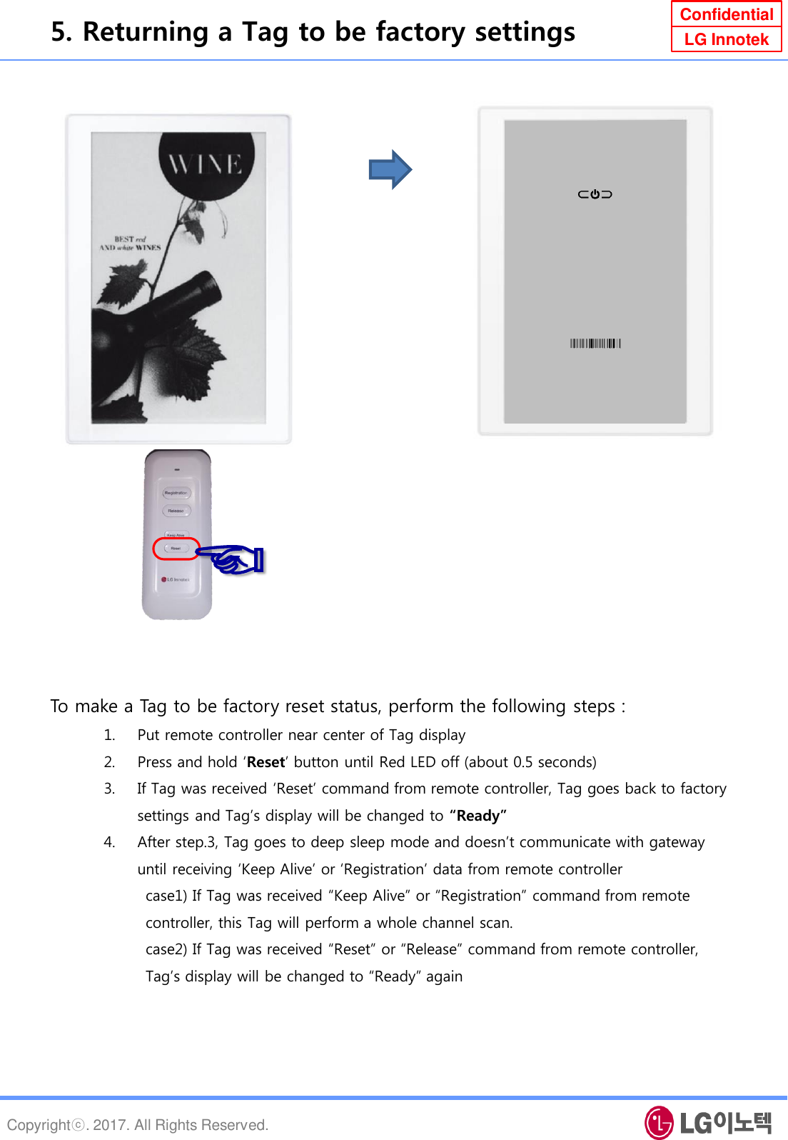 Copyrightⓒ. 2017. All Rights Reserved. Confidential LG Innotek To make a Tag to be factory reset status, perform the following steps : 1. Put remote controller near center of Tag display 2. Press and hold „Reset‟ button until Red LED off (about 0.5 seconds) 3. If Tag was received „Reset‟ command from remote controller, Tag goes back to factory settings and Tag‟s display will be changed to “Ready” 4. After step.3, Tag goes to deep sleep mode and doesn‟t communicate with gateway until receiving „Keep Alive‟ or „Registration‟ data from remote controller         case1) If Tag was received “Keep Alive” or “Registration” command from remote          controller, this Tag will perform a whole channel scan.         case2) If Tag was received “Reset” or “Release” command from remote controller,            Tag‟s display will be changed to “Ready” again   5. Returning a Tag to be factory settings ☜ 