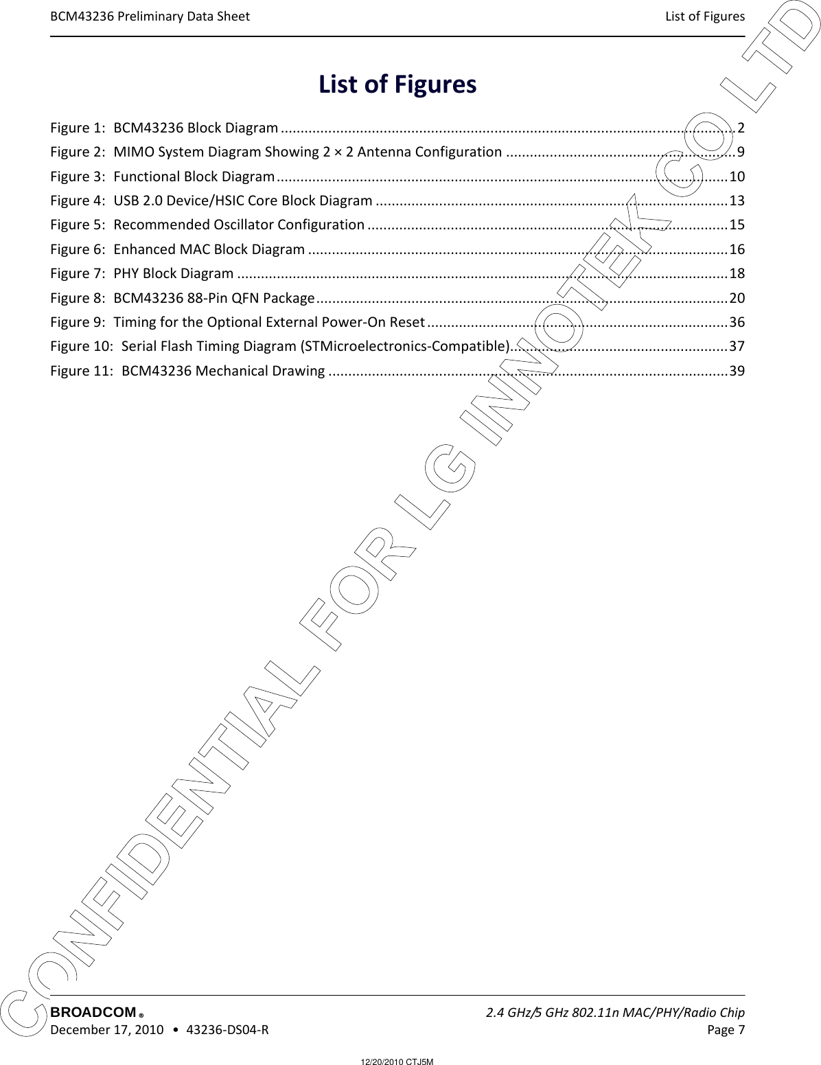 12/20/2010 CTJ5MCONFIDENTIAL FOR LG INNOTEK CO LTD List of Figures BCM43236 Preliminary Data SheetBROADCOM    2.4 GHz/5 GHz 802.11n MAC/PHY/Radio Chip December 17, 2010   •  43236-DS04-R Page 7®List of FiguresFigure 1:  BCM43236 Block Diagram ...................................................................................................................2Figure 2:  MIMO System Diagram Showing 2 × 2 Antenna Configuration ..........................................................9Figure 3:  Functional Block Diagram..................................................................................................................10Figure 4:  USB 2.0 Device/HSIC Core Block Diagram .........................................................................................13Figure 5:  Recommended Oscillator Configuration ...........................................................................................15Figure 6:  Enhanced MAC Block Diagram ..........................................................................................................16Figure 7:  PHY Block Diagram ............................................................................................................................18Figure 8:  BCM43236 88-Pin QFN Package........................................................................................................20Figure 9:  Timing for the Optional External Power-On Reset............................................................................36Figure 10:  Serial Flash Timing Diagram (STMicroelectronics-Compatible).......................................................37Figure 11:  BCM43236 Mechanical Drawing .....................................................................................................39