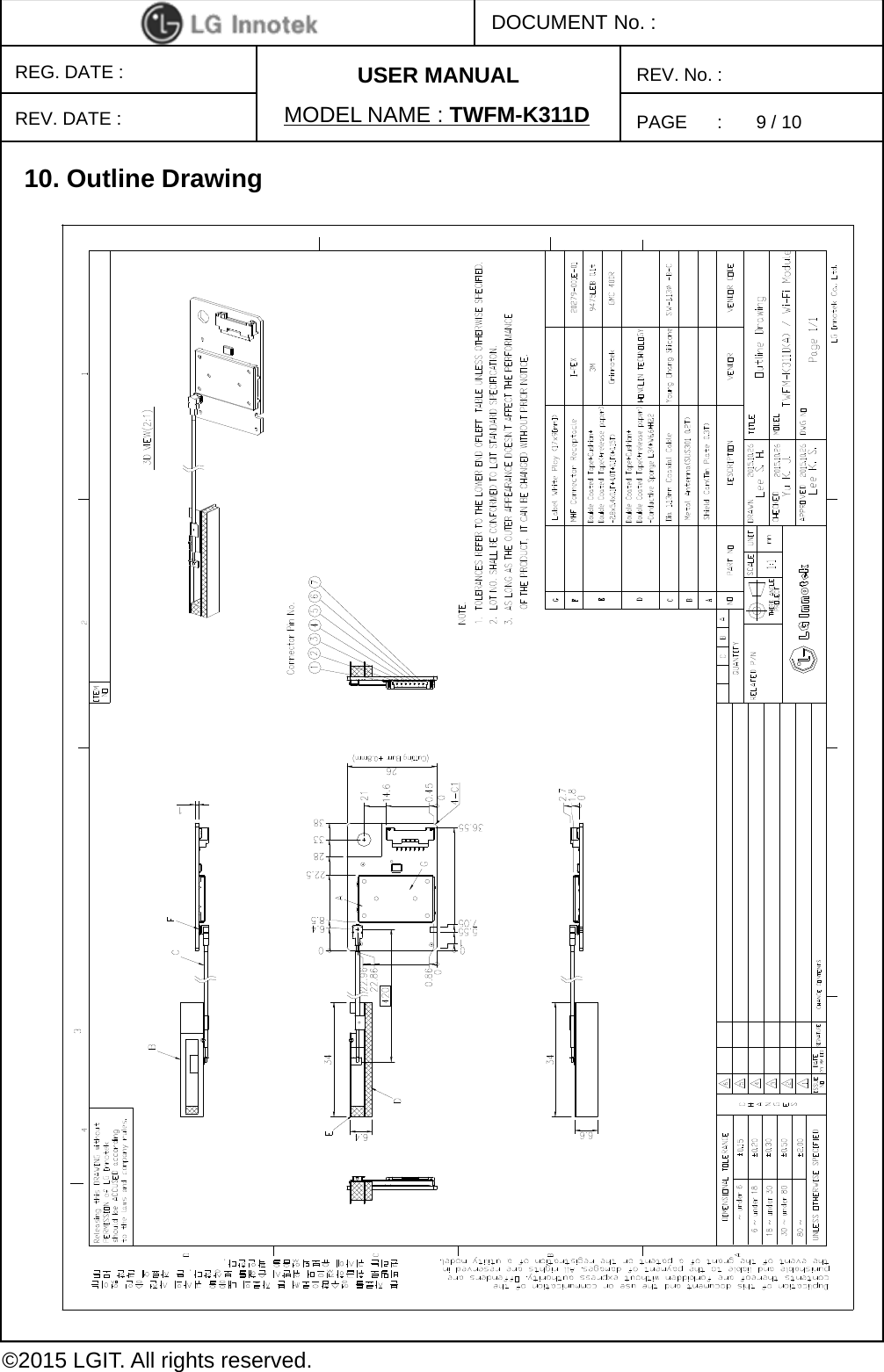 PAGE      :DOCUMENT No. :REG. DATE :MODEL NAME : TWFM-K311DREV. No. :©2015 LGIT. All rights reserved.REV. DATE :USER MANUAL10. Outline Drawing9 / 10