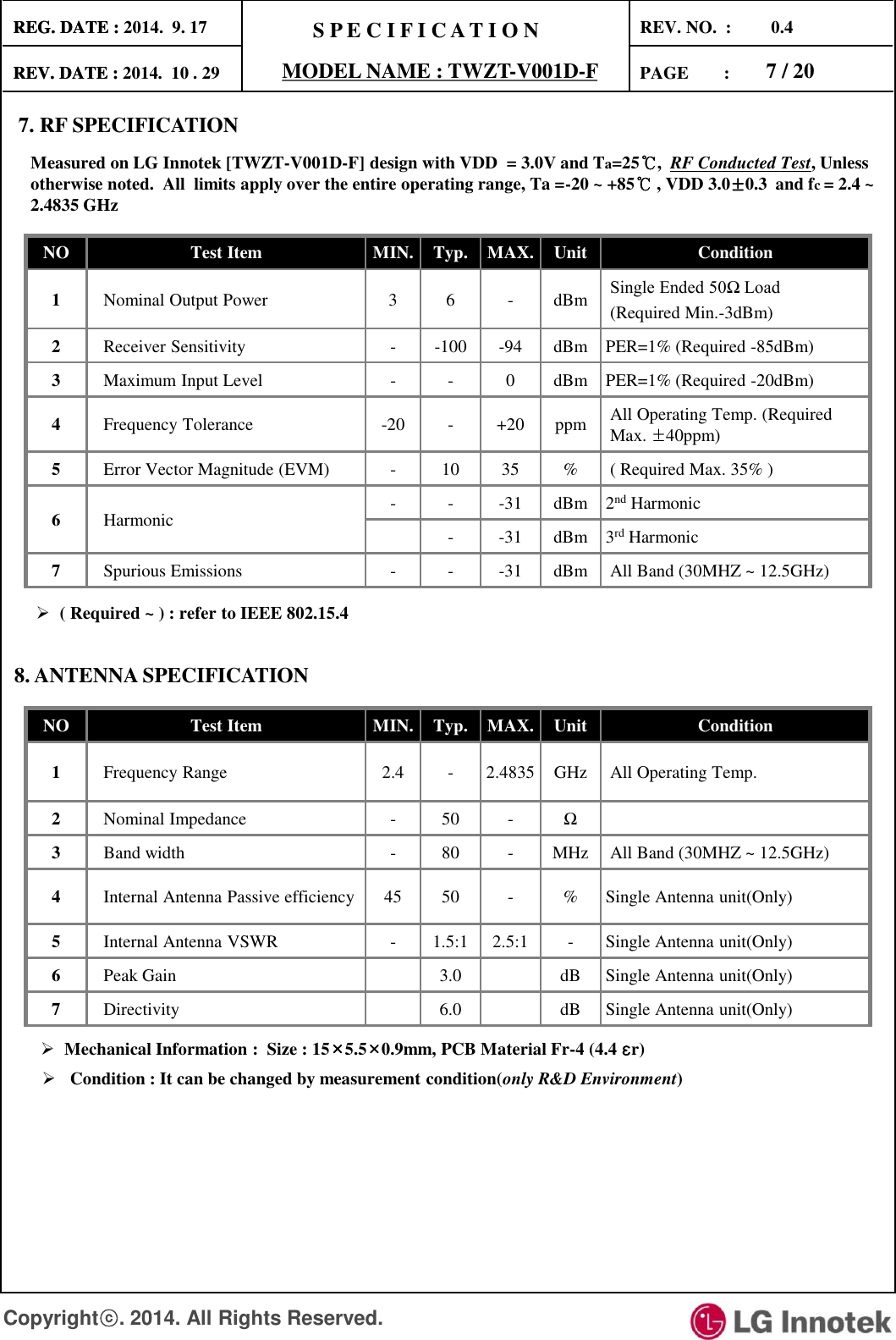 S P E C I F I C A T I O N PAGE        :     REG. DATE :  MODEL NAME : TWZT-V001D-F           REV. DATE :         .       .  REV. NO.  :         0.4 REG. DATE : 2014.  9. 17 REV. DATE : 2014   10   29  7 / 20 Copyrightⓒ. 2014. All Rights Reserved. NO  Test Item  MIN.  Typ.  MAX.  Unit  Condition 1  Nominal Output Power   3  6  -  dBm   Single Ended 50Ω Load  (Required Min.-3dBm) 2  Receiver Sensitivity  -  -100  -94  dBm  PER=1% (Required -85dBm) 3  Maximum Input Level  -  -  0  dBm  PER=1% (Required -20dBm) 4  Frequency Tolerance  -20  -  +20  ppm  All Operating Temp. (Required   Max. ±40ppm) 5  Error Vector Magnitude (EVM)  -  10 35  %   ( Required Max. 35% ) 6  Harmonic  -  -  -31  dBm  2nd Harmonic -  -31  dBm  3rd Harmonic 7  Spurious Emissions  -  -  -31  dBm   All Band (30MHZ ~ 12.5GHz) Measured on LG Innotek [TWZT-V001D-F] design with VDD  = 3.0V and Ta=25℃,  RF Conducted Test, Unless otherwise noted.  All  limits apply over the entire operating range, Ta =-20 ~ +85℃ , VDD 3.0±0.3  and fc = 2.4 ~ 2.4835 GHz 7. RF SPECIFICATION ( Required ~ ) : refer to IEEE 802.15.4 8. ANTENNA SPECIFICATION NO  Test Item  MIN.  Typ.  MAX.  Unit  Condition 1  Frequency Range  2.4  -  2.4835  GHz   All Operating Temp. 2  Nominal Impedance  -  50  -  Ω 3  Band width  -  80  -  MHz   All Band (30MHZ ~ 12.5GHz) 4  Internal Antenna Passive efficiency  45 50  -  %  Single Antenna unit(Only) 5  Internal Antenna VSWR  -  1.5:1  2.5:1  -  Single Antenna unit(Only) 6  Peak Gain   3.0  dB  Single Antenna unit(Only) 7  Directivity  6.0  dB  Single Antenna unit(Only)  Condition : It can be changed by measurement condition(only R&amp;D Environment) Mechanical Information :  Size : 15×5.5×0.9mm, PCB Material Fr-4 (4.4 εr) 