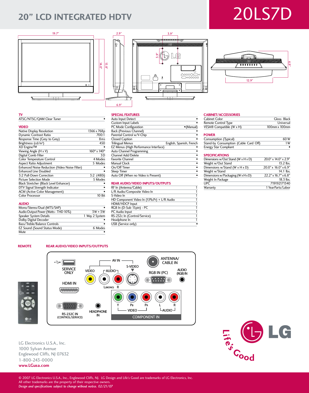 Page 2 of 2 - LG 20LS7D User Manual Specification H