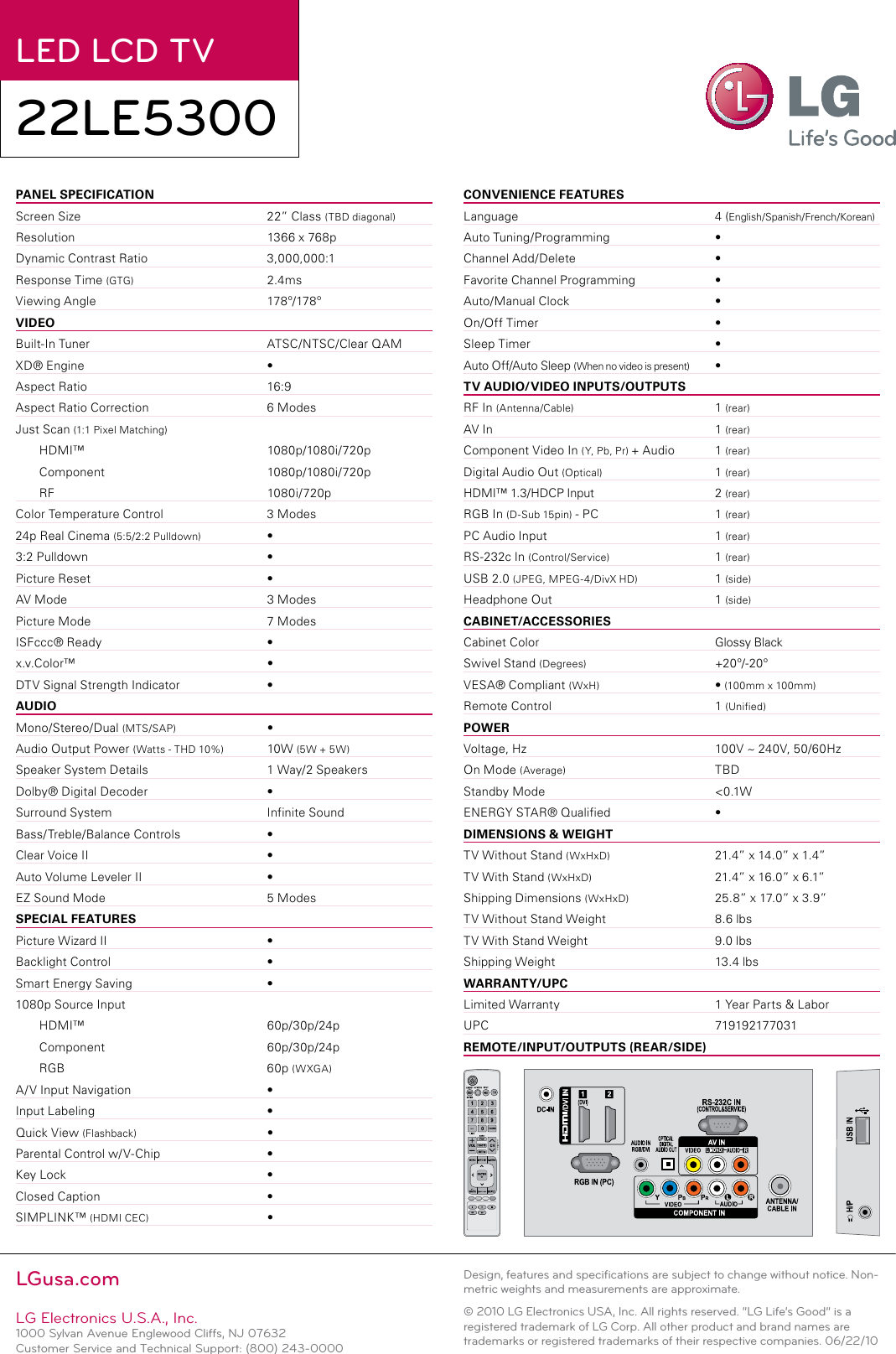Page 2 of 2 - LG 22LE5300 User Manual Specification He Lcd Ss 22LE5300-5