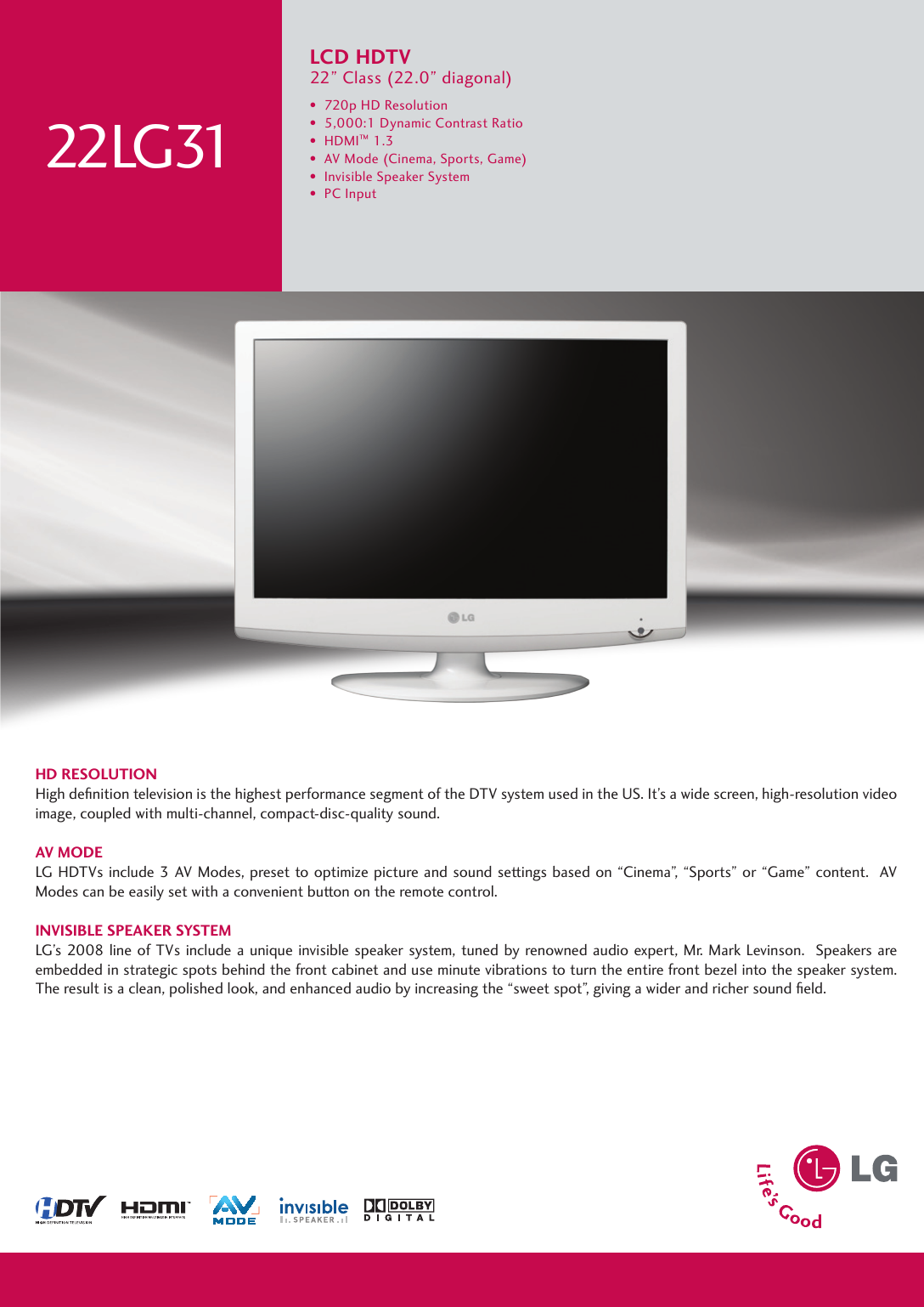 Page 1 of 2 - LG 22LG31 User Manual Specification Spec Sheet