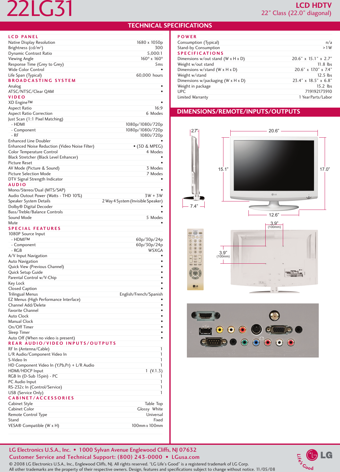Page 2 of 2 - LG 22LG31 User Manual Specification Spec Sheet
