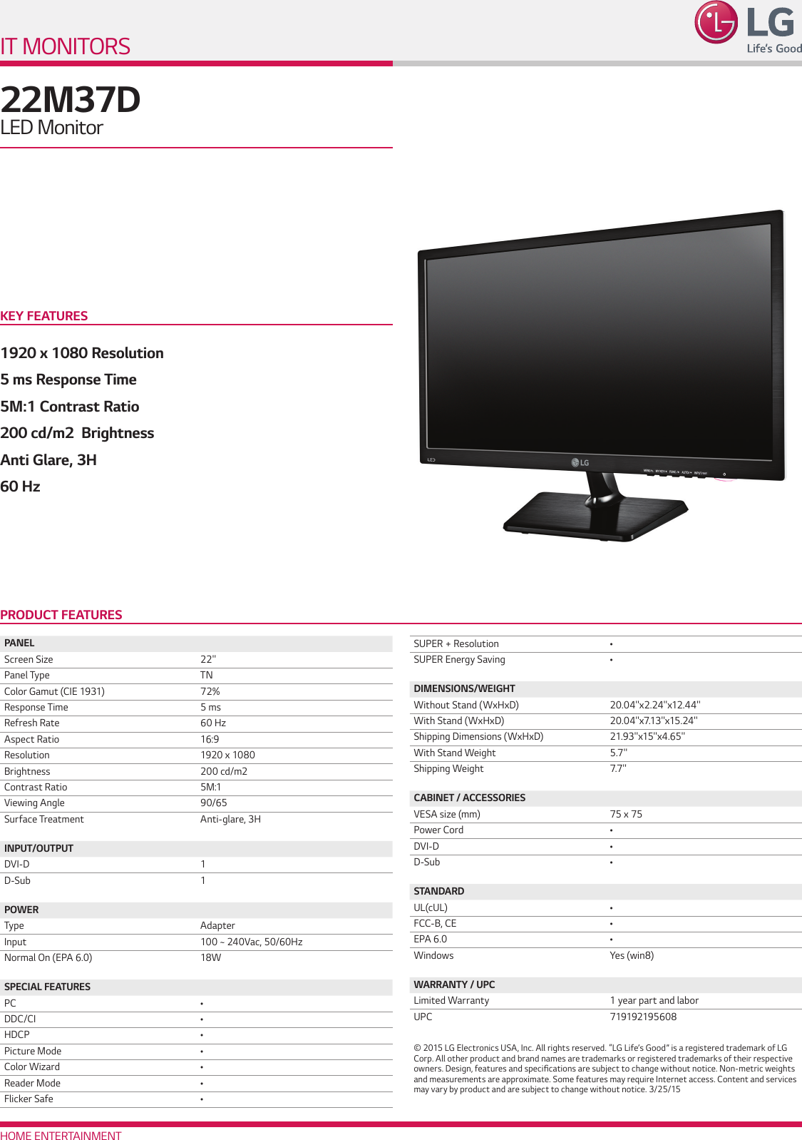 Page 1 of 1 - LG 22M37D-B User Manual Specification 22M37D Spec Sheet