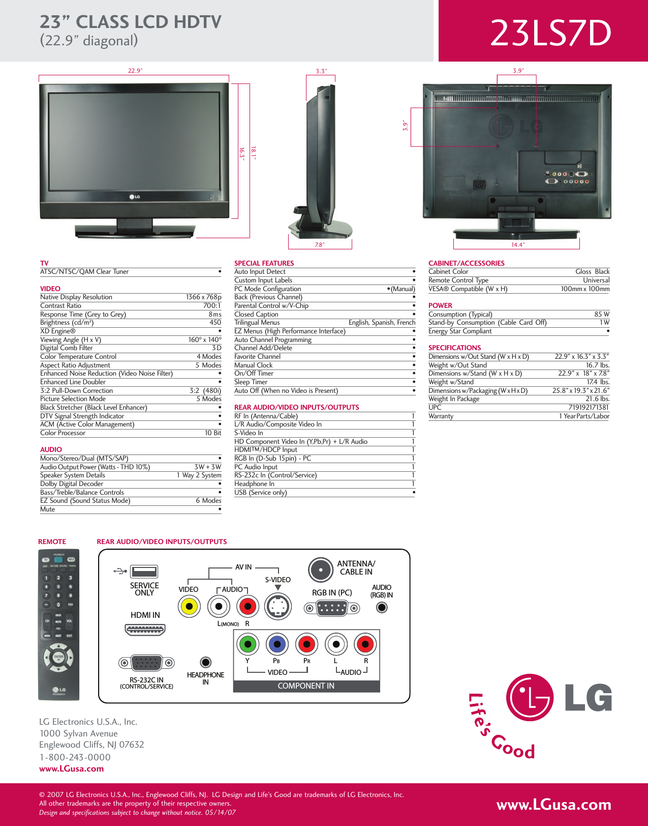 Page 2 of 2 - LG 23LS7D User Manual Specification Spec Sheet