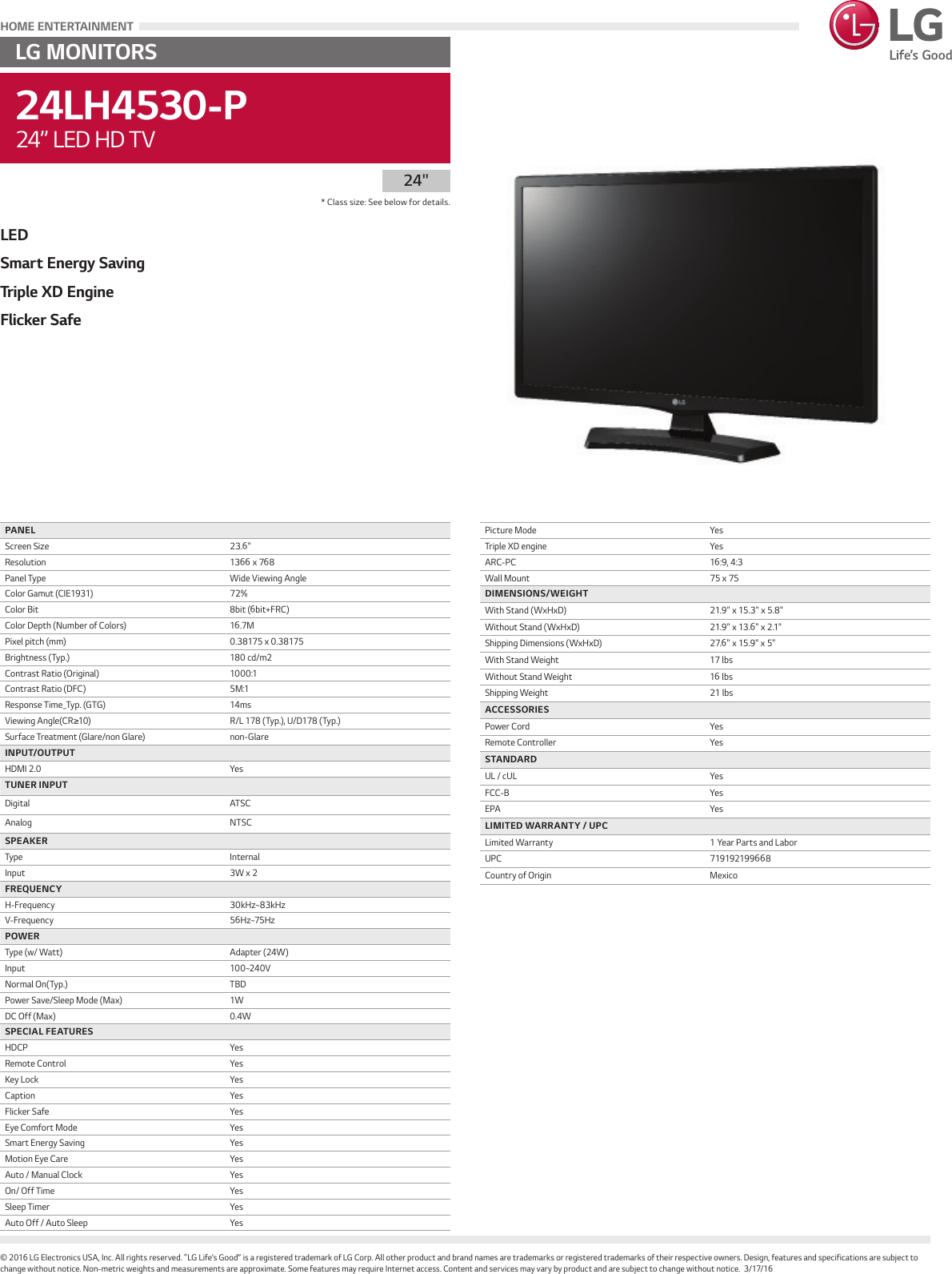Page 1 of 1 - LG 24LH4530-P User Manual Specification Spec Sheet