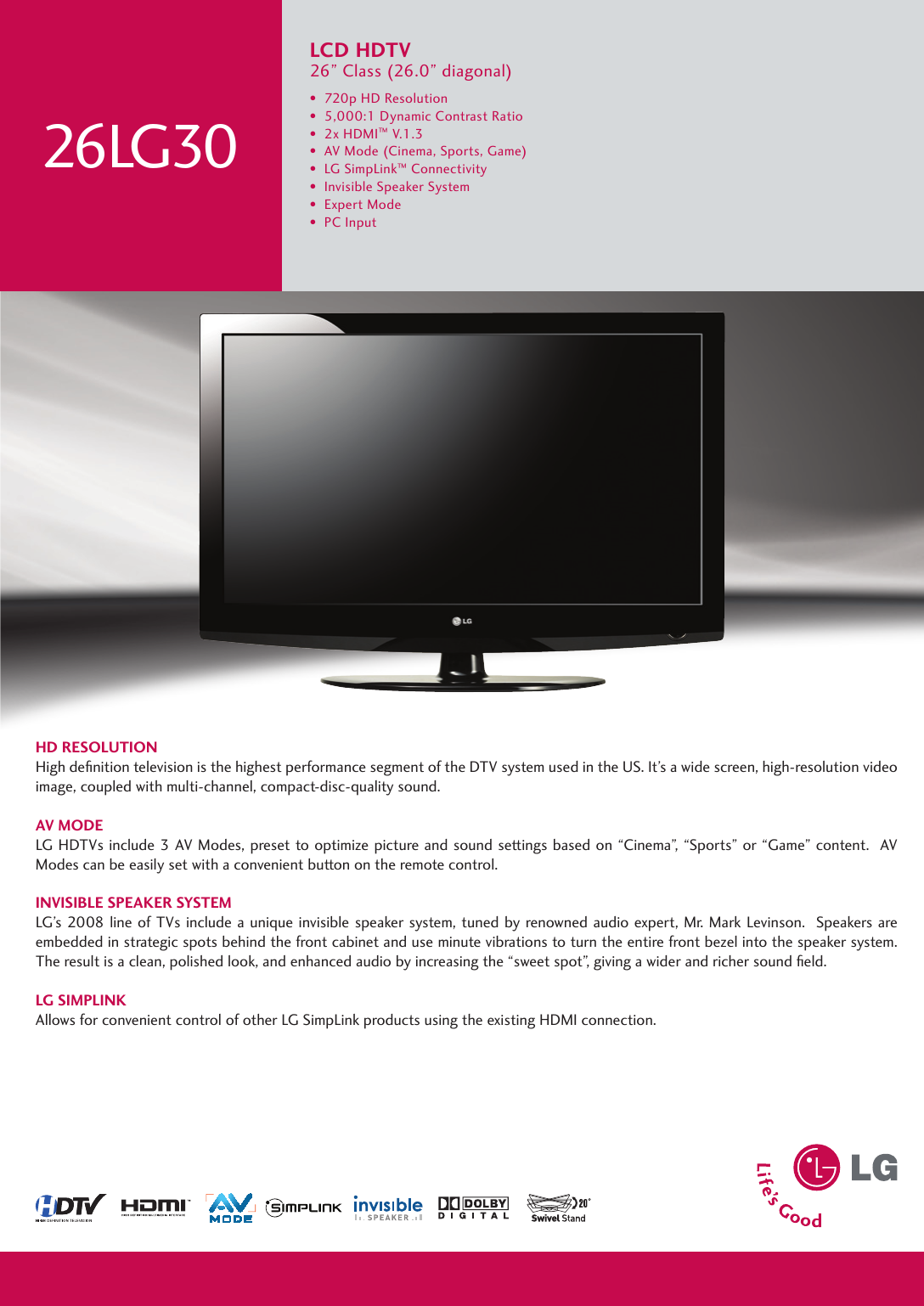 Page 1 of 2 - LG 26LG30 User Manual Specification Spec Sheet