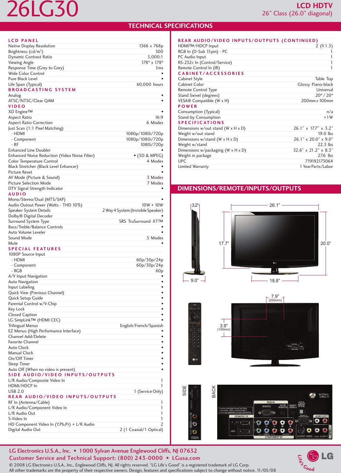 Page 2 of 2 - LG 26LG30 User Manual Specification Spec Sheet