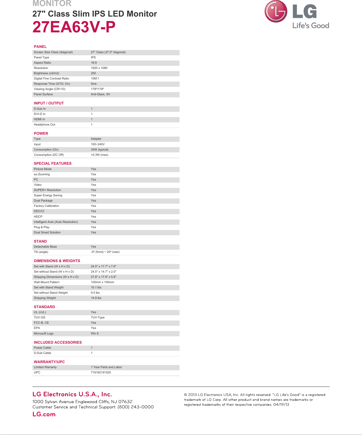 Page 2 of 2 - LG 27EA63V-P User Manual Specification Spec Sheets 27EA63VP Sheet
