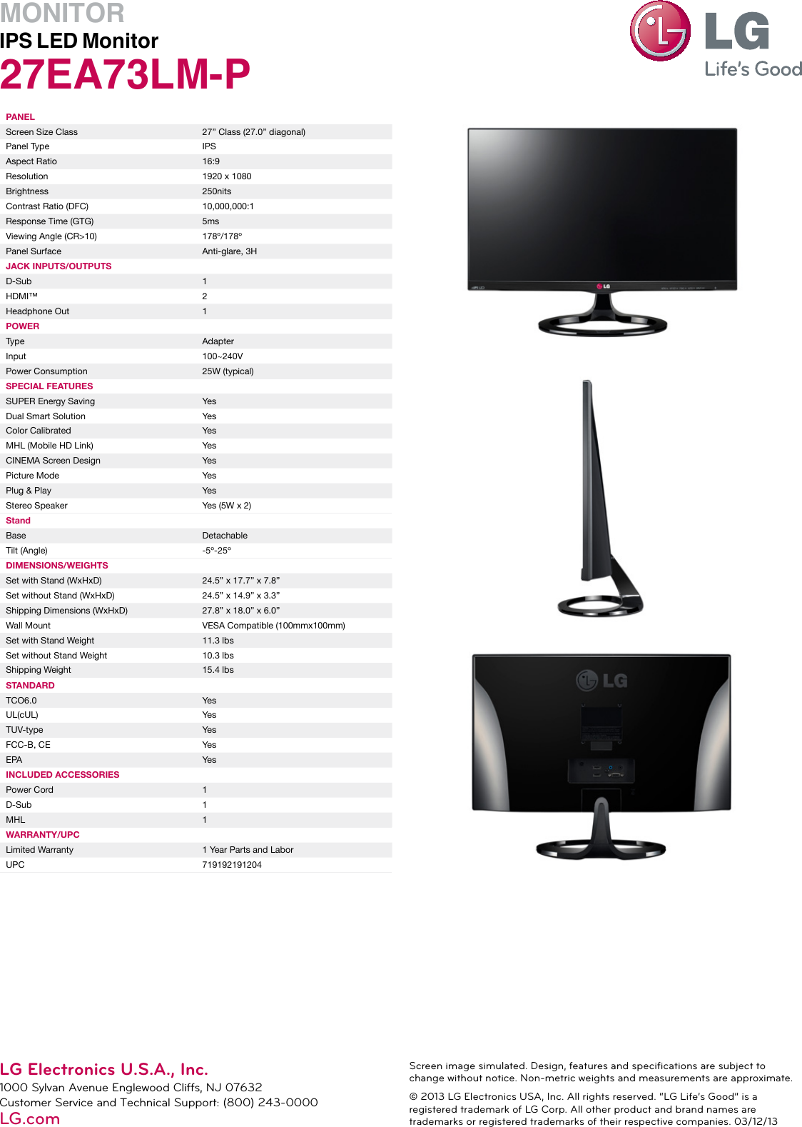 Page 2 of 2 - LG 27EA73LM-P User Manual Specification Spec Sheets 27EA73LM P Specsheet