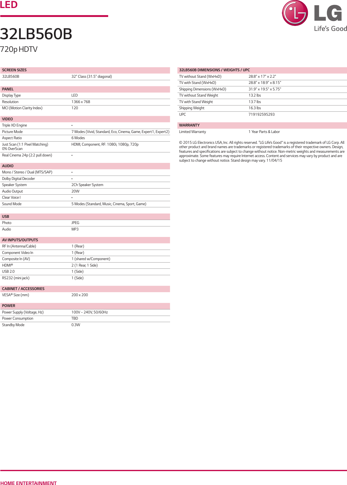 Page 2 of 2 - LG 32LB560B User Manual Specification 32LB560B-Spec-Sheet