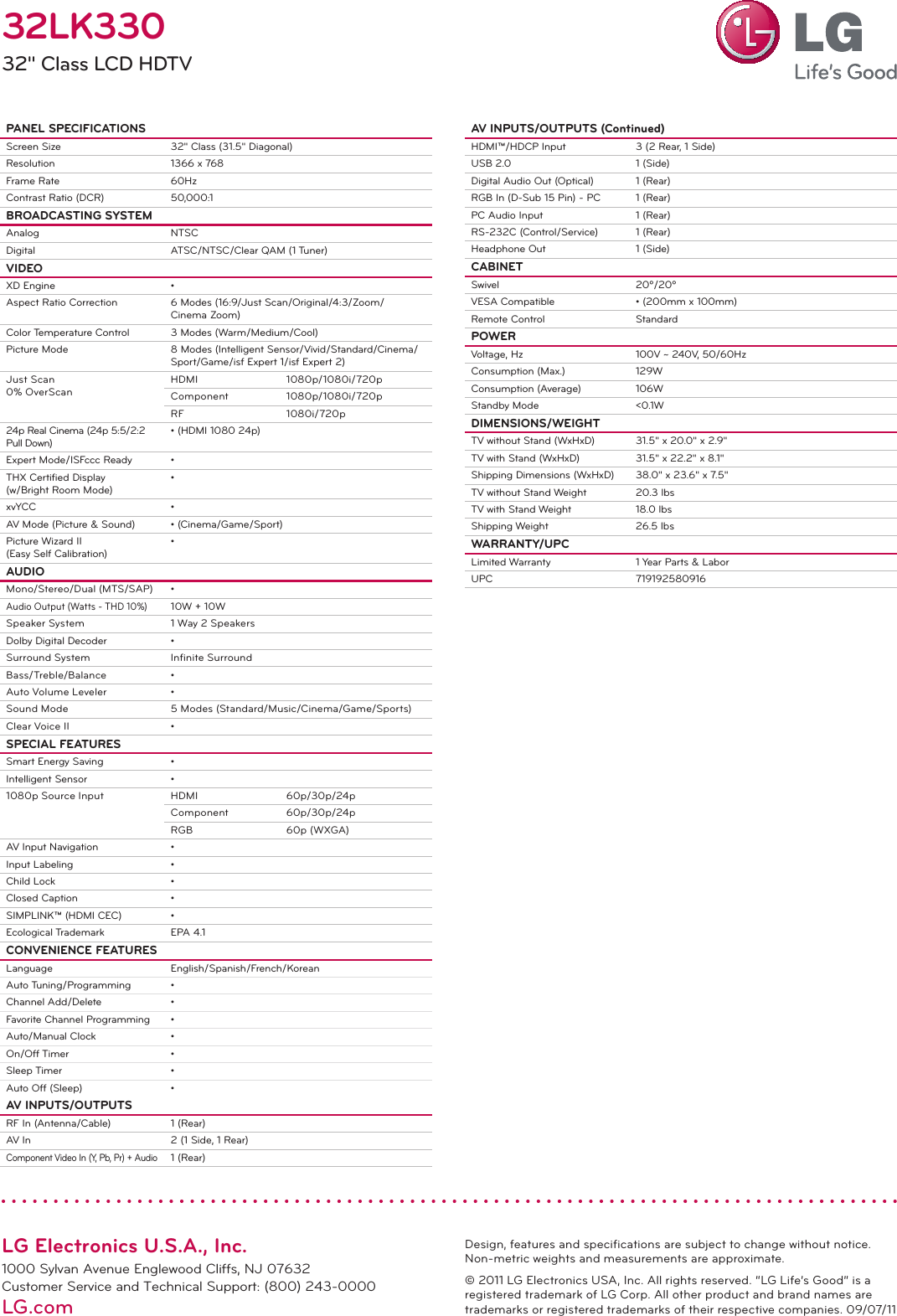 Page 2 of 2 - LG 32LK330 User Manual Specification LCD TV Spec Sheet 9.7.11