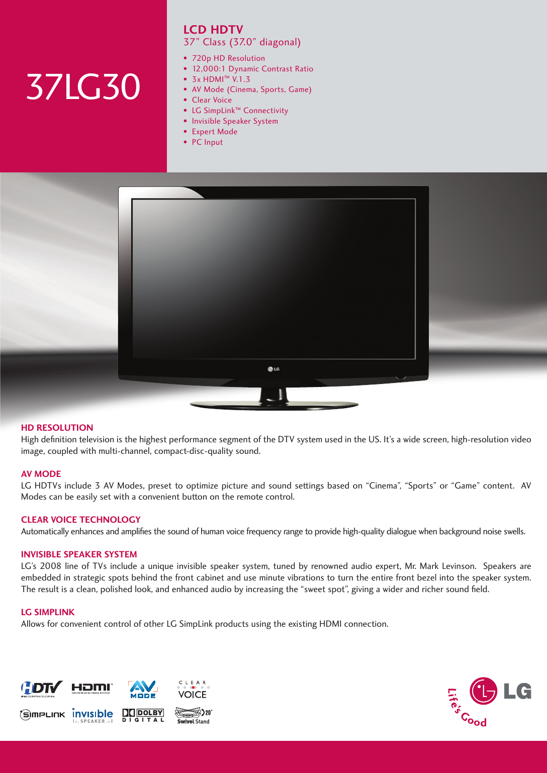 Page 1 of 2 - LG 37LG30 User Manual Specification Spec Sheet