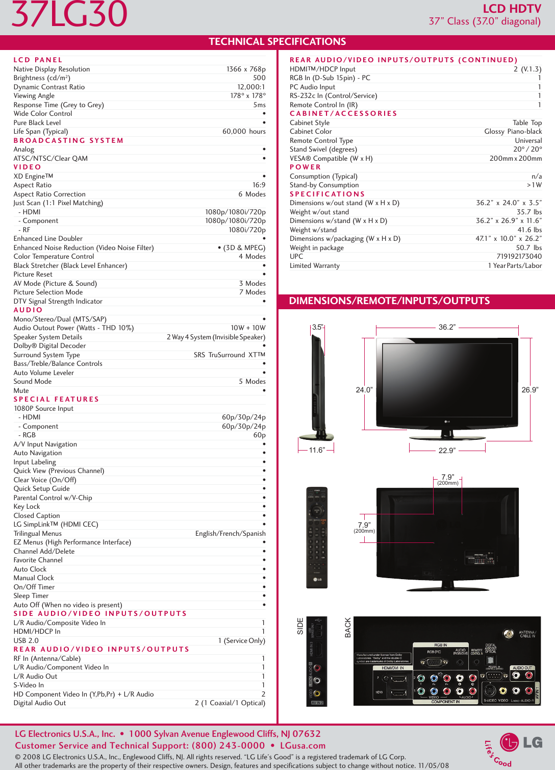 Page 2 of 2 - LG 37LG30 User Manual Specification Spec Sheet