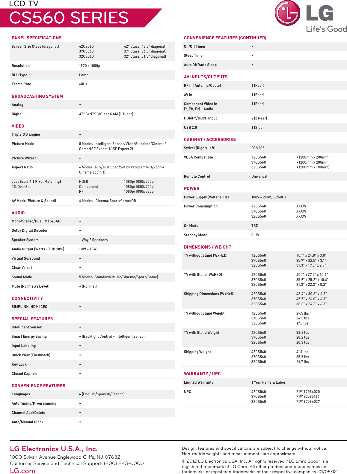 Page 2 of 2 - LG 42CS560 User Manual Specification TV LCD CS560 Spec