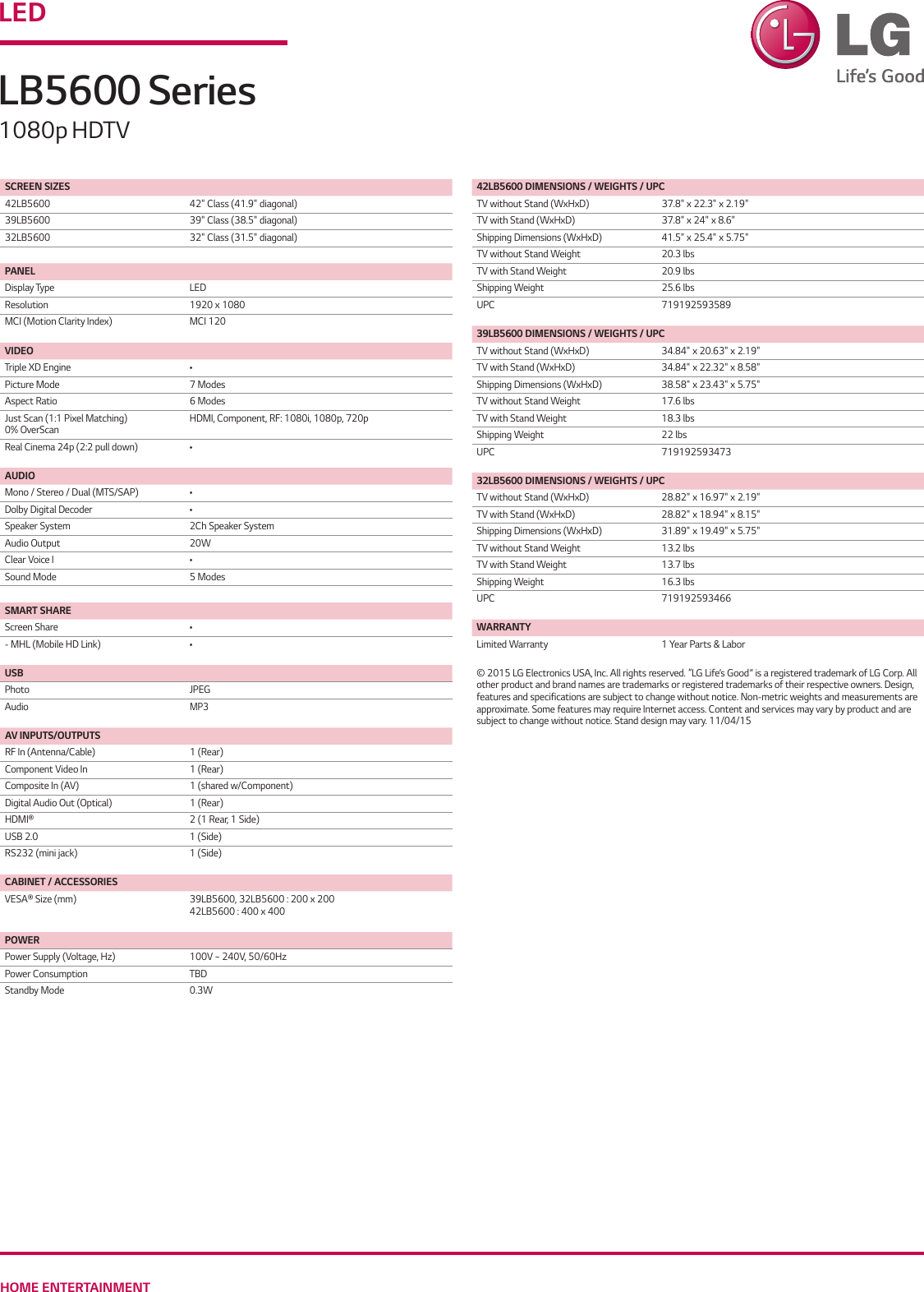 Lg 42lb5600 User Manual Specification Lb5600 Spec Sheet