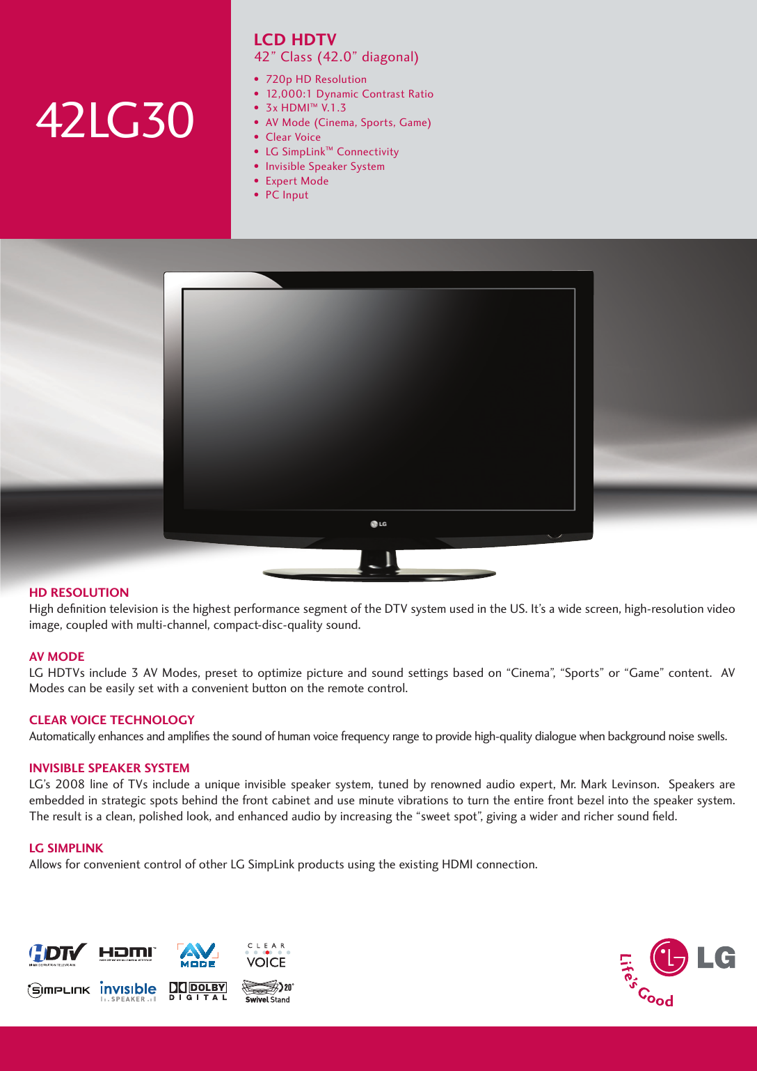 Page 1 of 2 - LG 42LG30 User Manual Specification Spec Sheet