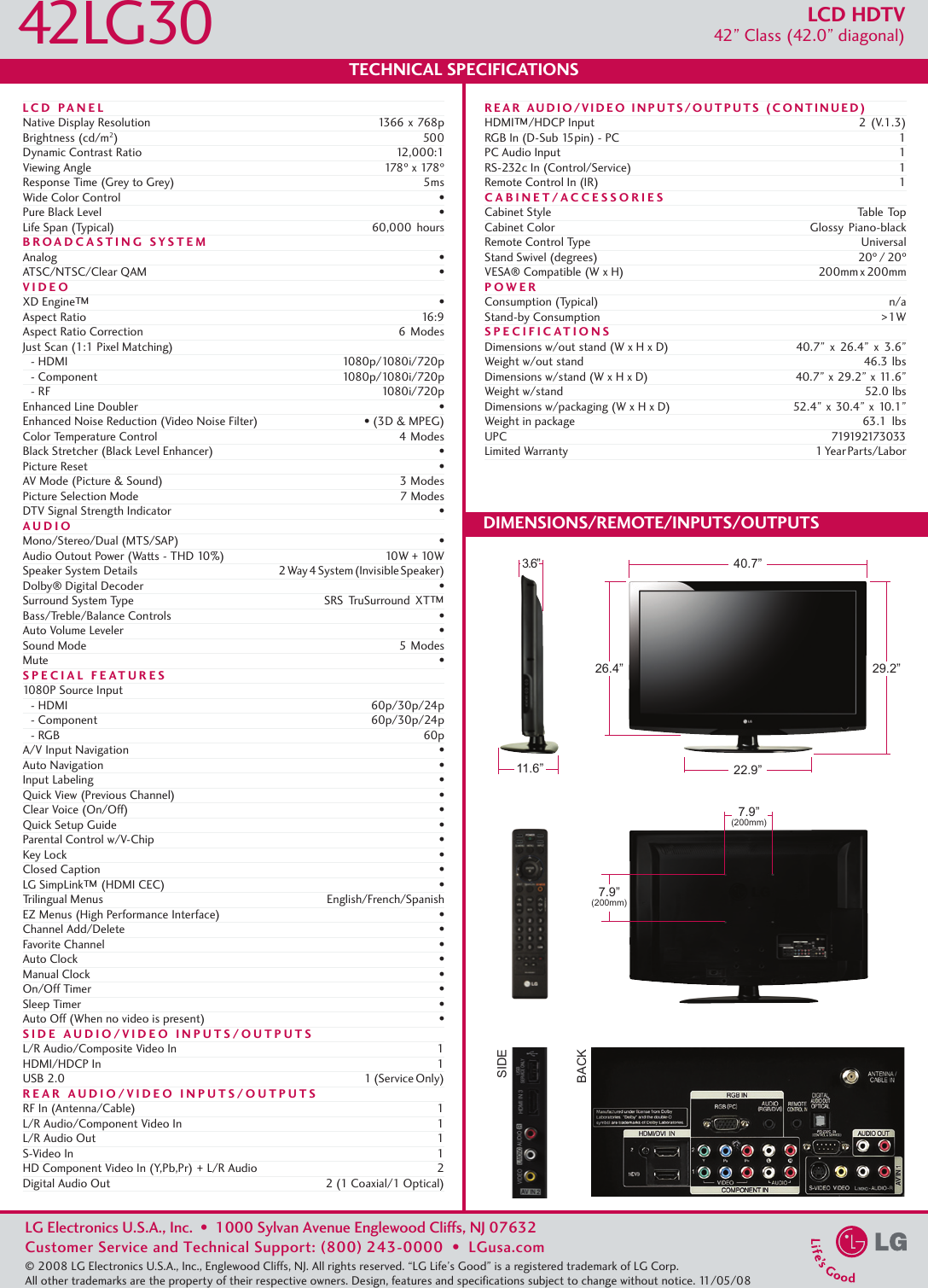 Page 2 of 2 - LG 42LG30 User Manual Specification Spec Sheet