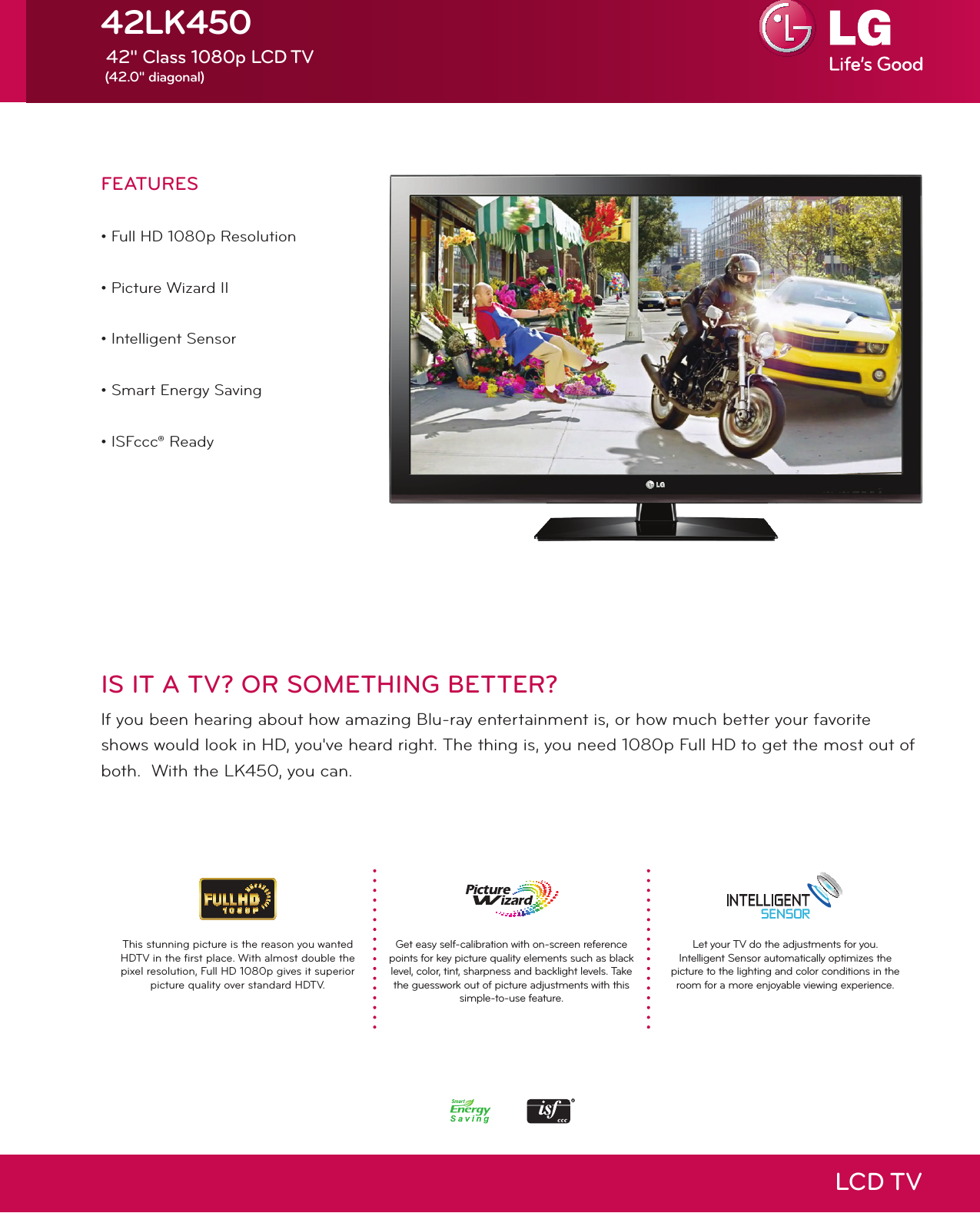 Page 1 of 2 - LG 42LK450 User Manual Specification LCD TV Spec Sheet