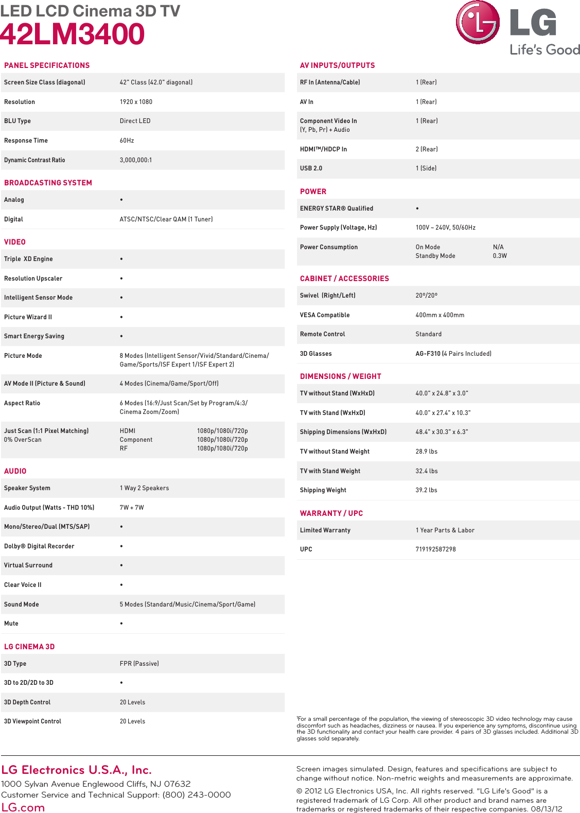 Page 2 of 2 - LG 42LM3400 User Manual Specification Spec Sheets 2012 HE LCD